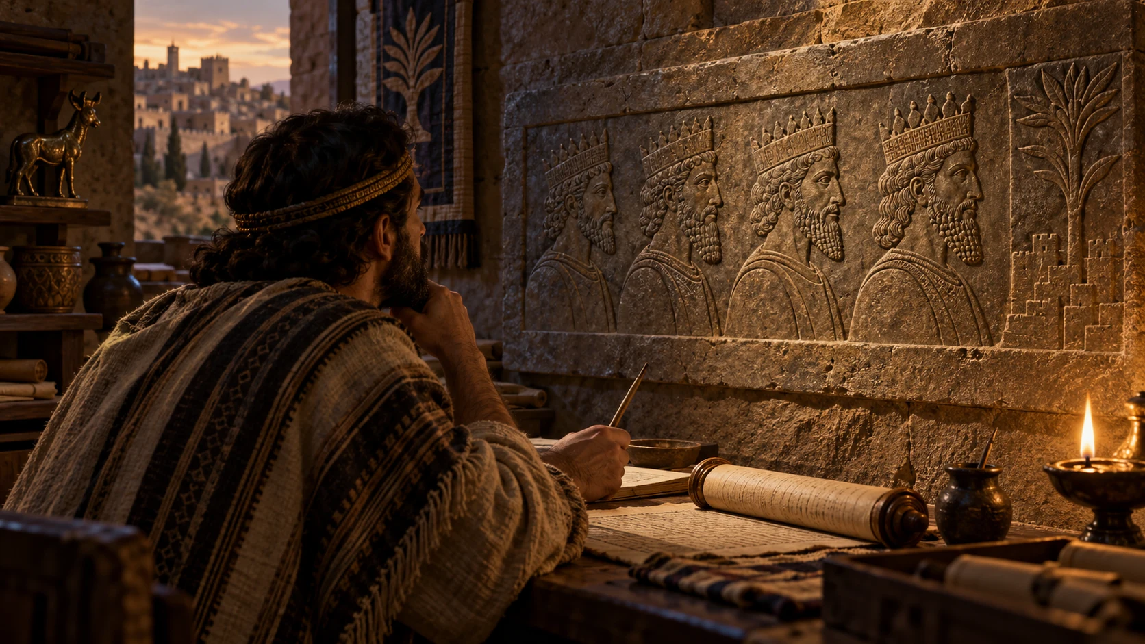 An archive relief shows four successive royal silhouettes from Jehu to Zechariah, with a scribe contemplating the completed line; no divine figure.