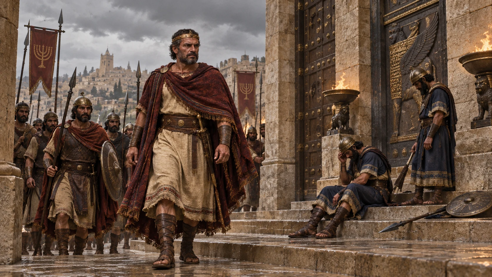 Menahem's armed party enters Samaria from the road to Tirzah; guards seize the palace steps after a non-graphic coup.