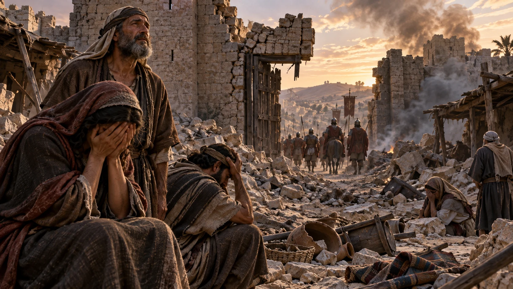 The breached gate and burned houses of Tiphsah after Menahem's attack; adult survivors grieve and soldiers recede. No graphic injury or depiction of the assault on pregnant women; the exact Scripture card carries the explicit account.