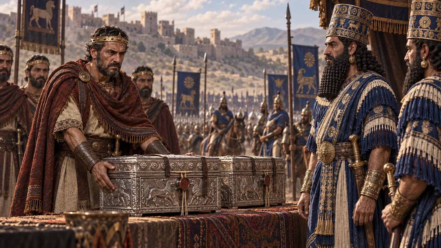 At an austere diplomatic meeting, Menahem sends sealed silver chests to the Assyrian king Pul's envoys as Assyrian troops wait beyond the border.