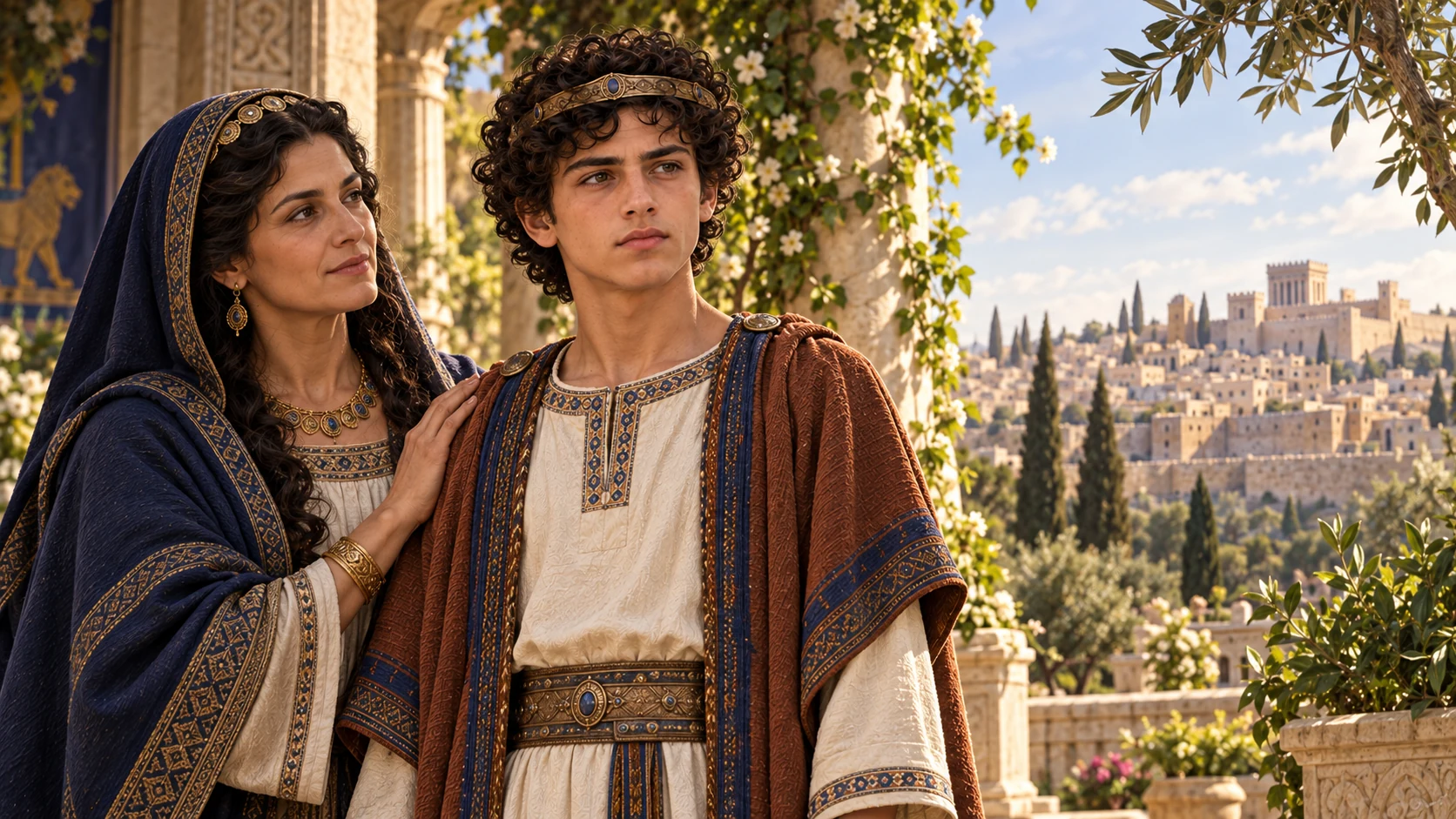 Young Azariah stands with his mother Jecoliah in a Jerusalem court, with a subtle arc of changing seasons suggested beyond the colonnade; no printed numbers.