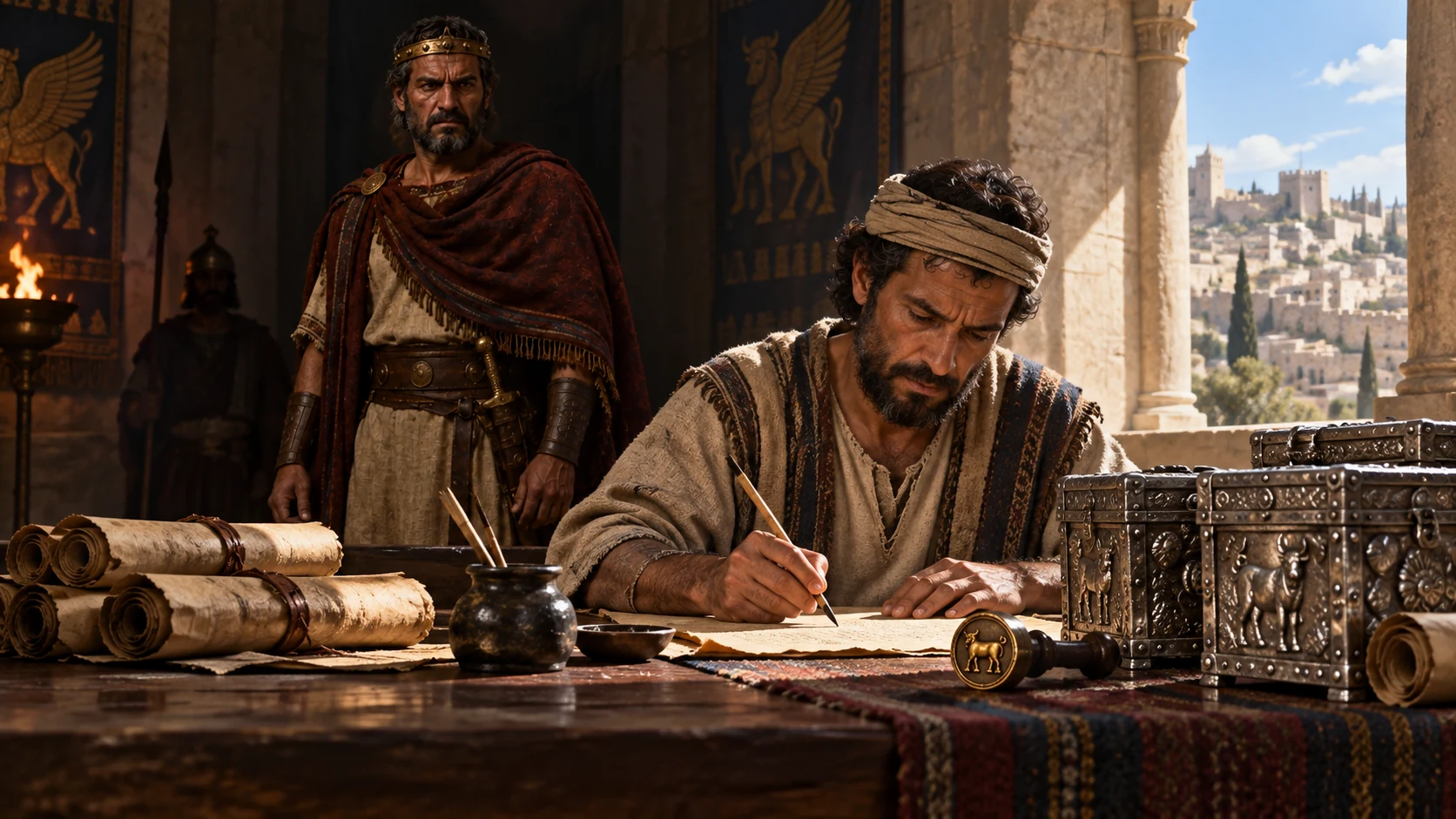 A sober Israelite scribe records Menahem's reign beside closed silver chests and a royal seal.