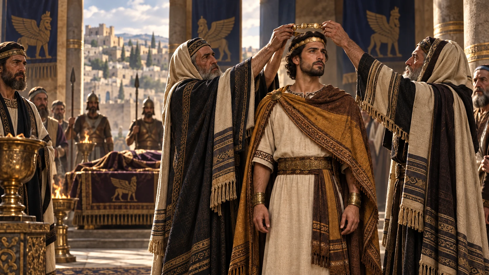 A draped royal bier stands far back in Samaria's court as Pekahiah receives the circlet before elders, no corpse shown.