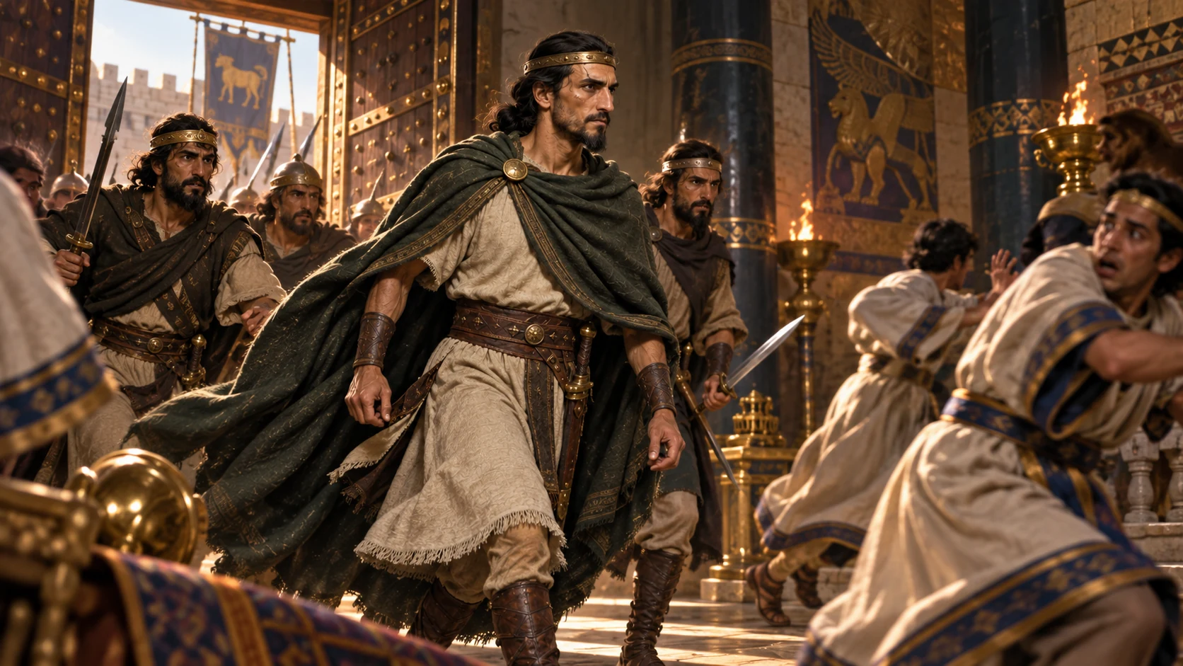 Pekah and his Gileadite supporters burst through the citadel doors while court attendants flee; the fallen king is off-frame, non-graphic.