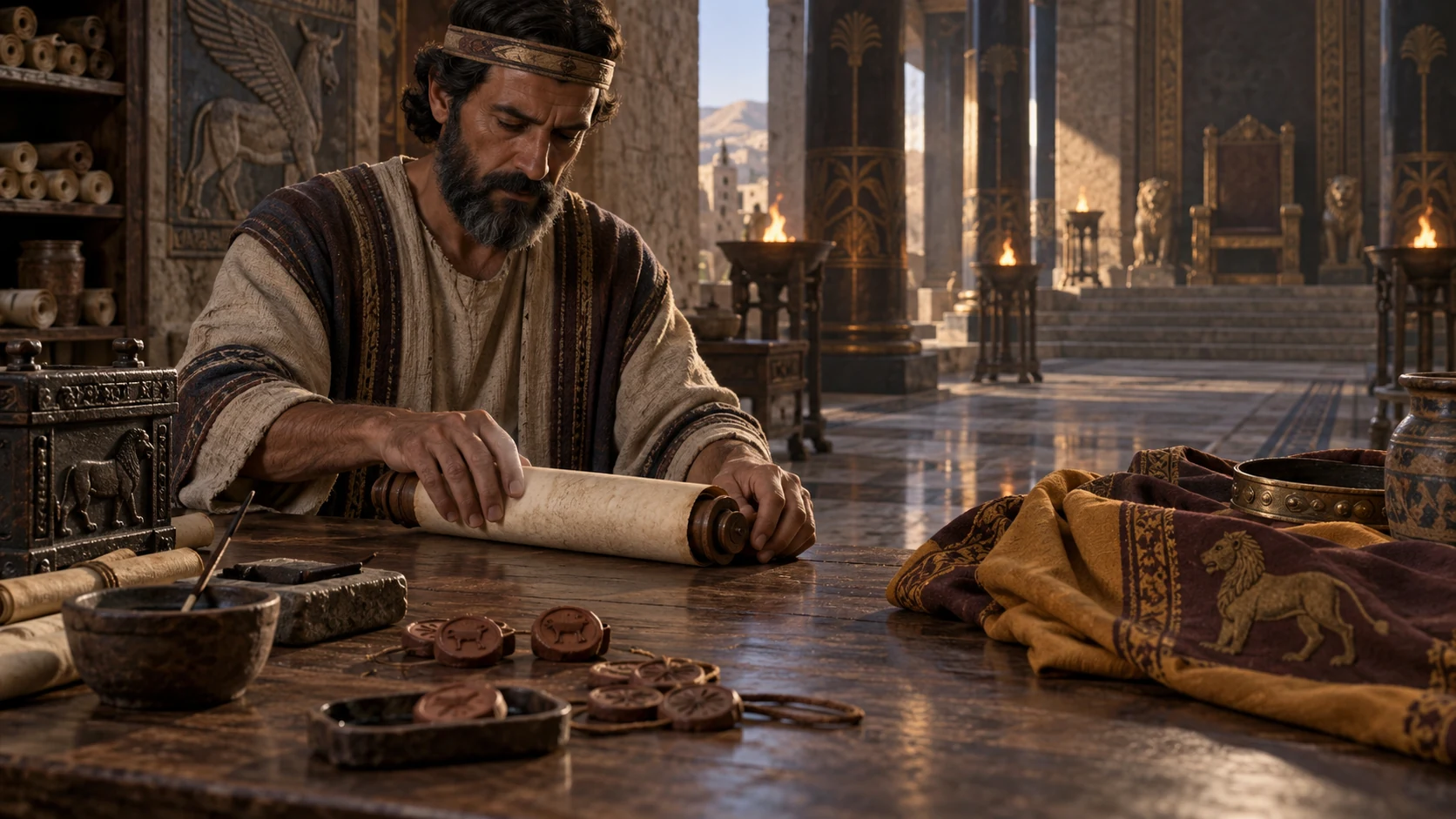 A scribe rolls up Pekahiah's short chronicle in the Samaria archive, with muted court sounds beyond.