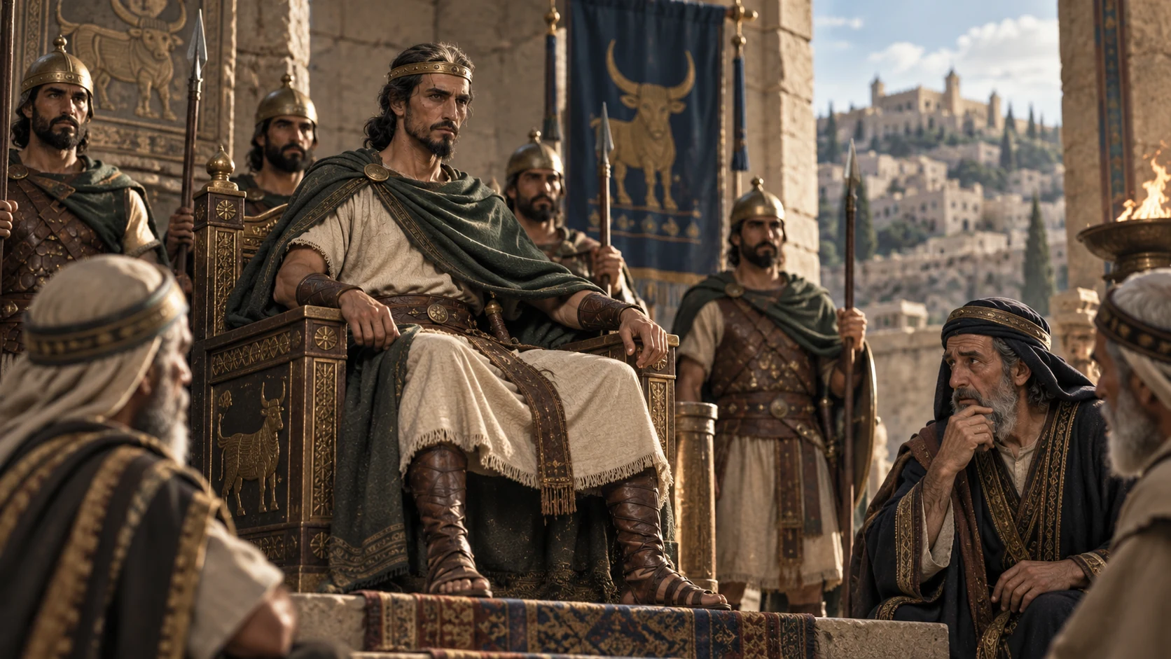 Pekah, a seasoned Gileadite officer, takes the Samaria throne with soldiers and cautious elders around him.