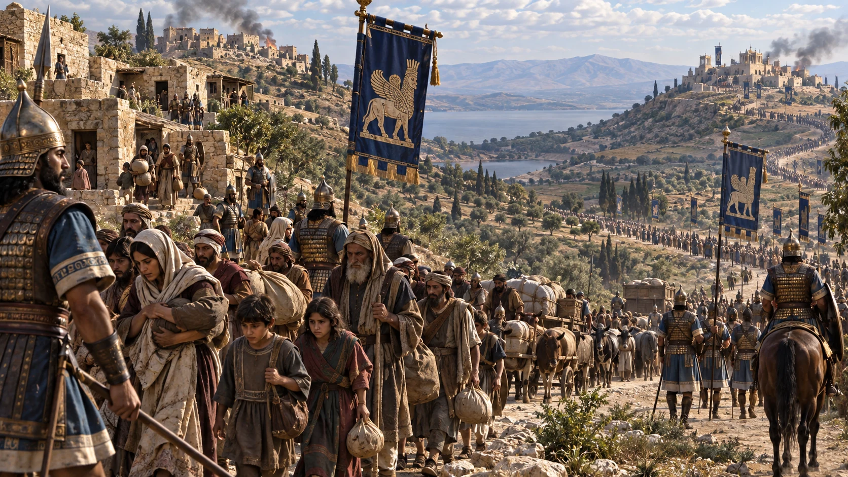 A broad, unlabeled northern landscape shows Assyrian columns at captured towns and Israelite families under escort departing toward Assyria; dignity and geographic breadth, no invented exact borders.