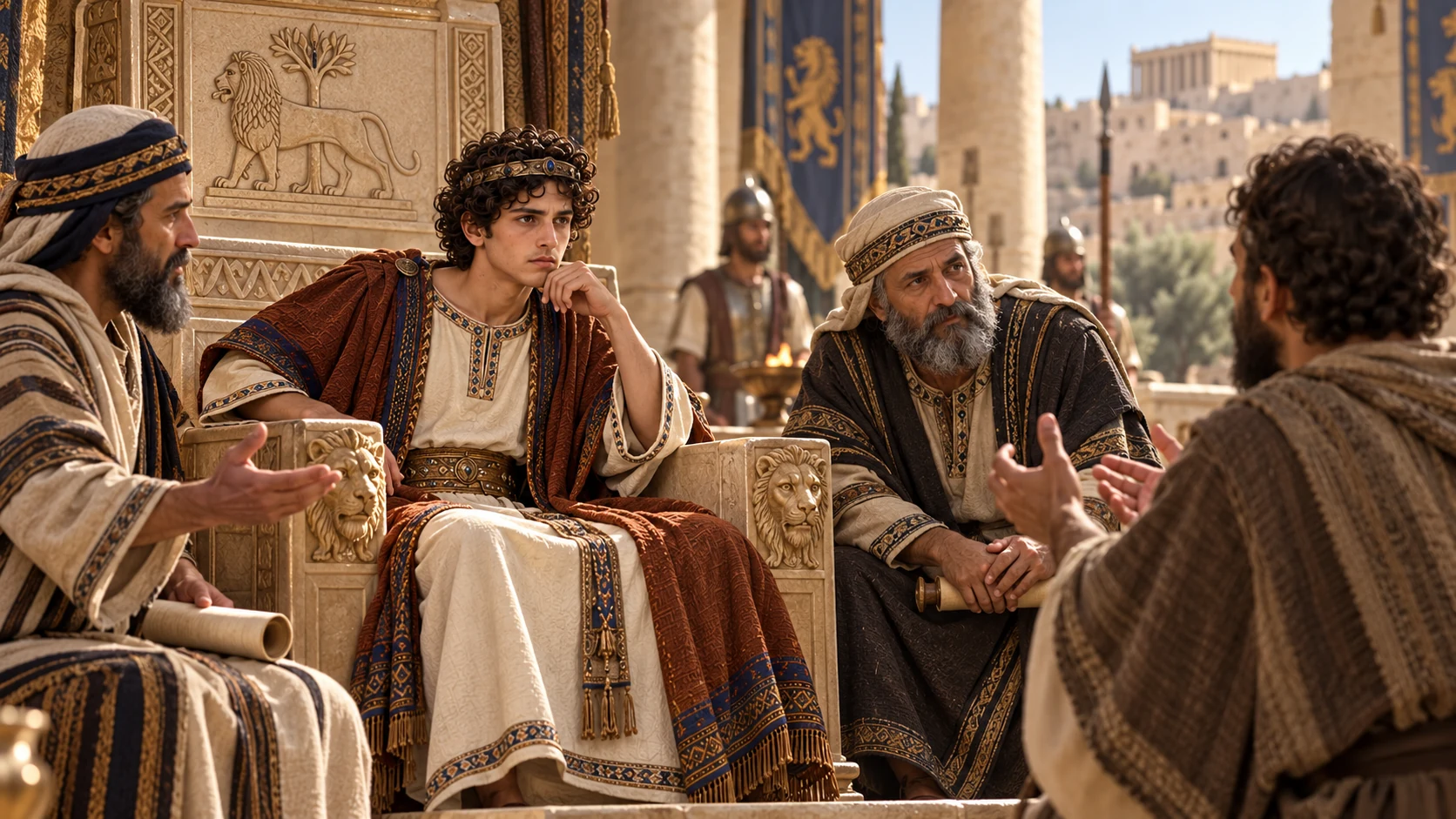 Azariah, now a young adult, listens to Judahite judges with humility in the palace court; his father Amaziah is evoked only by a family relief, not alive.