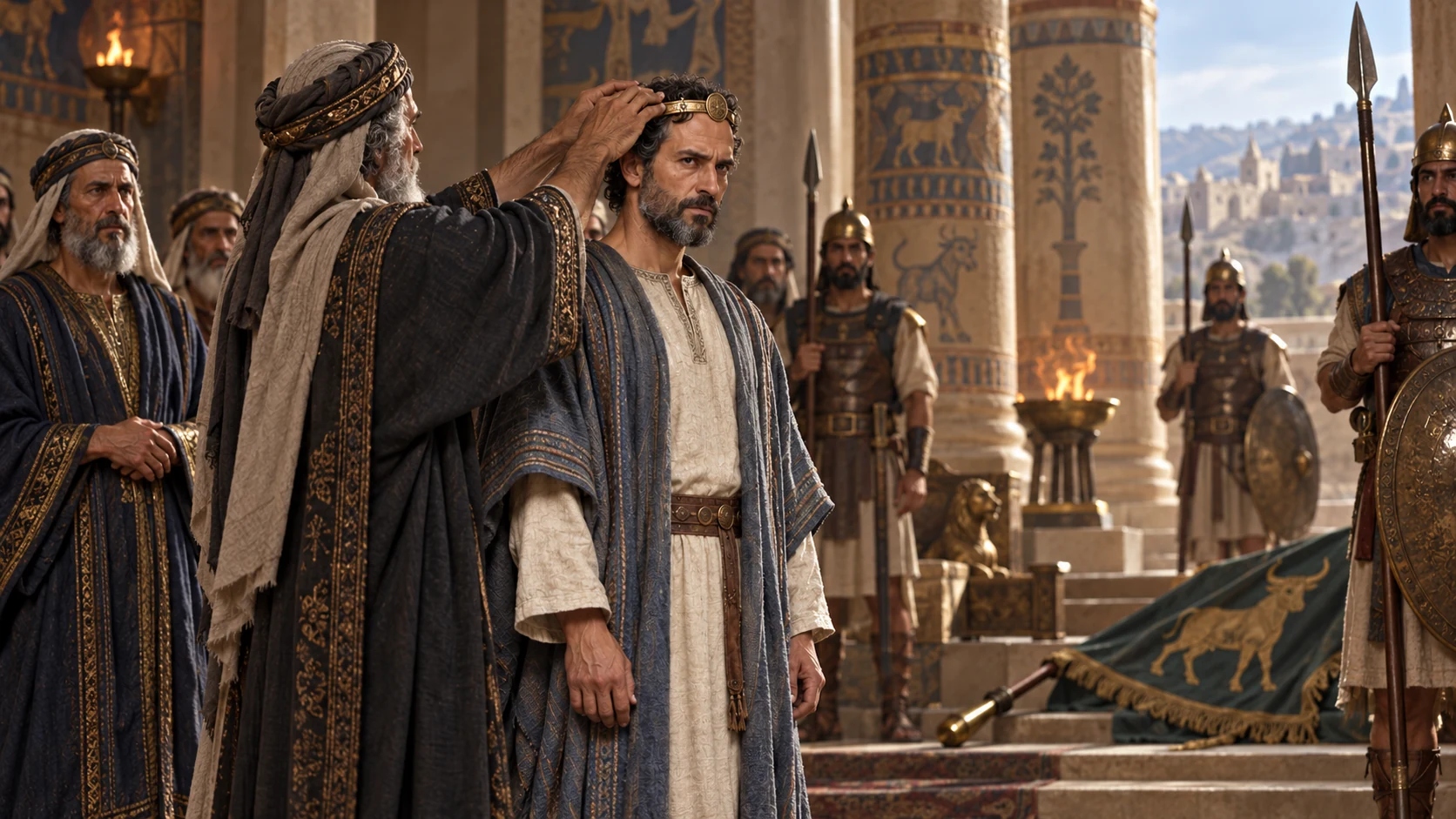 A tense Samaria court after a non-graphic coup: Hoshea receives the circlet as Pekah's fallen standard lies aside, Jotham's Judah distant in a separate vista.