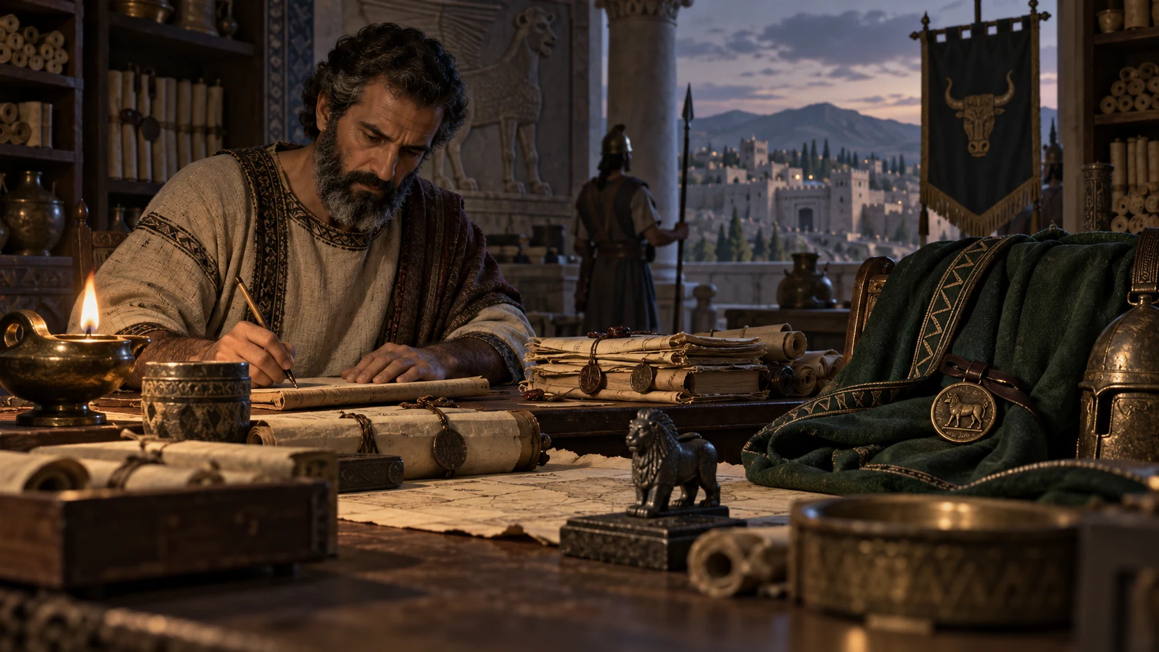 A royal scribe records Pekah's turbulent rule with an Assyrian seal and northern dispatches nearby.