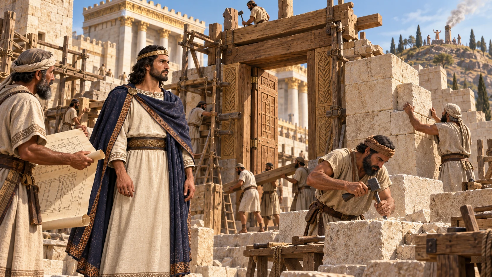 Jotham inspects craftsmen raising the upper gate of Yahweh's house; a far ridge high place remains visibly intact.