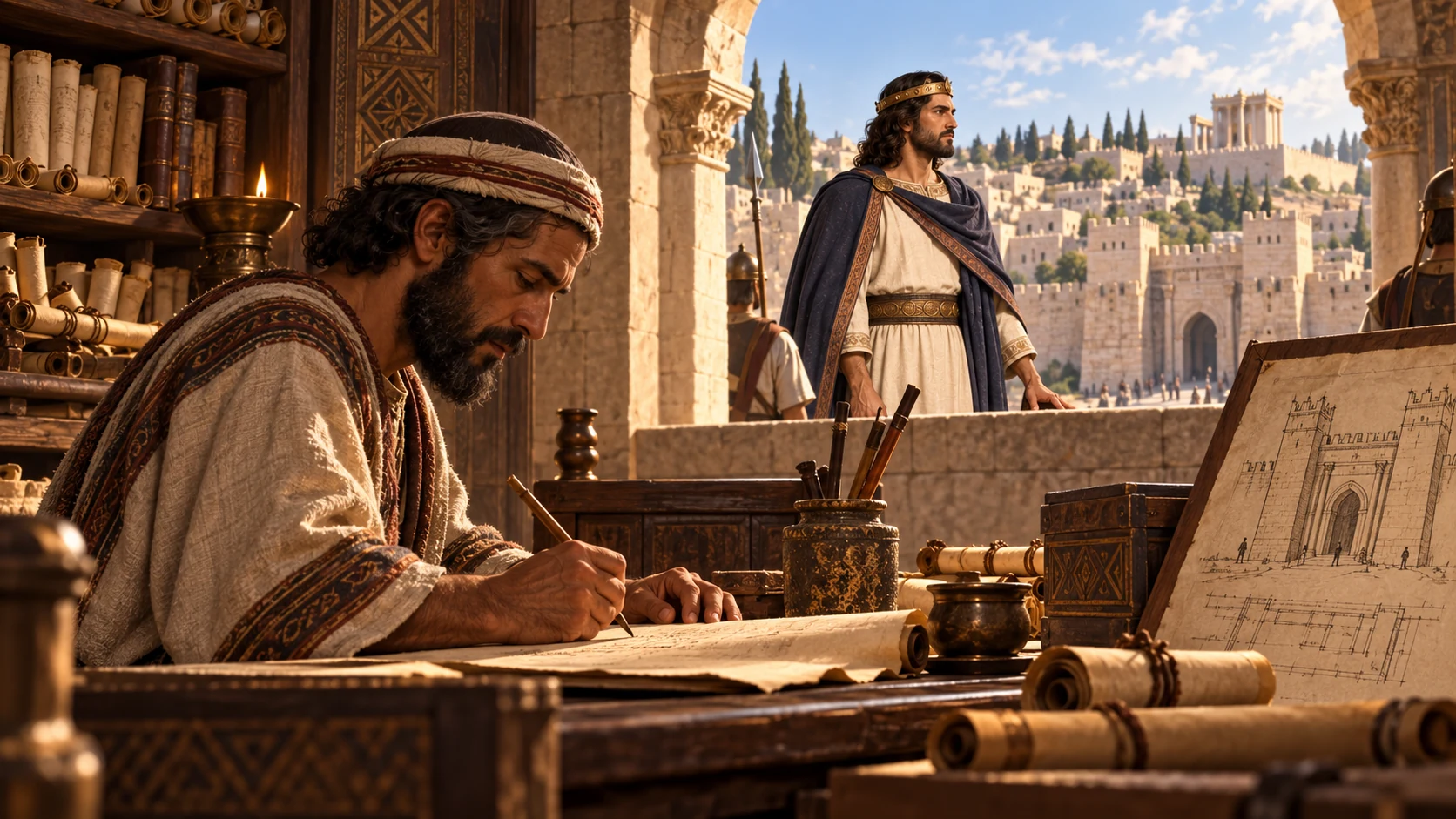 A Jerusalem scribe completes a scroll of Jotham's reign near architectural plans of the upper gate.