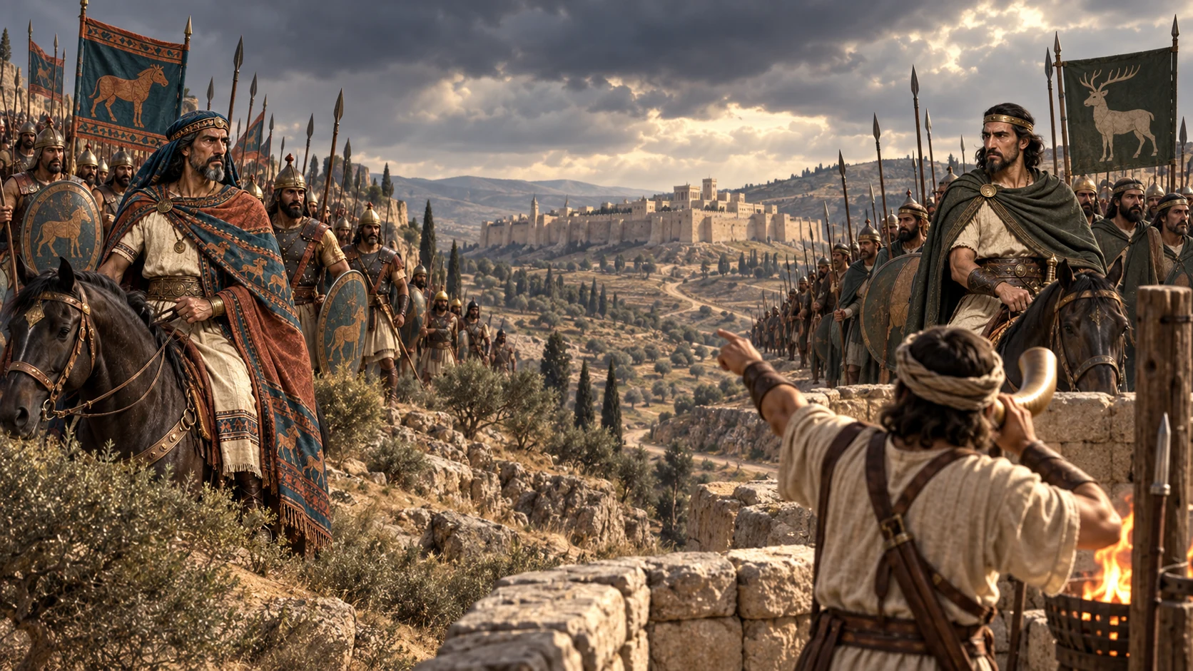 On separate northern approaches, Rezin of Aram and Pekah of Israel marshal forces while Judah's border watch signals Jerusalem; do not collapse them into one king.