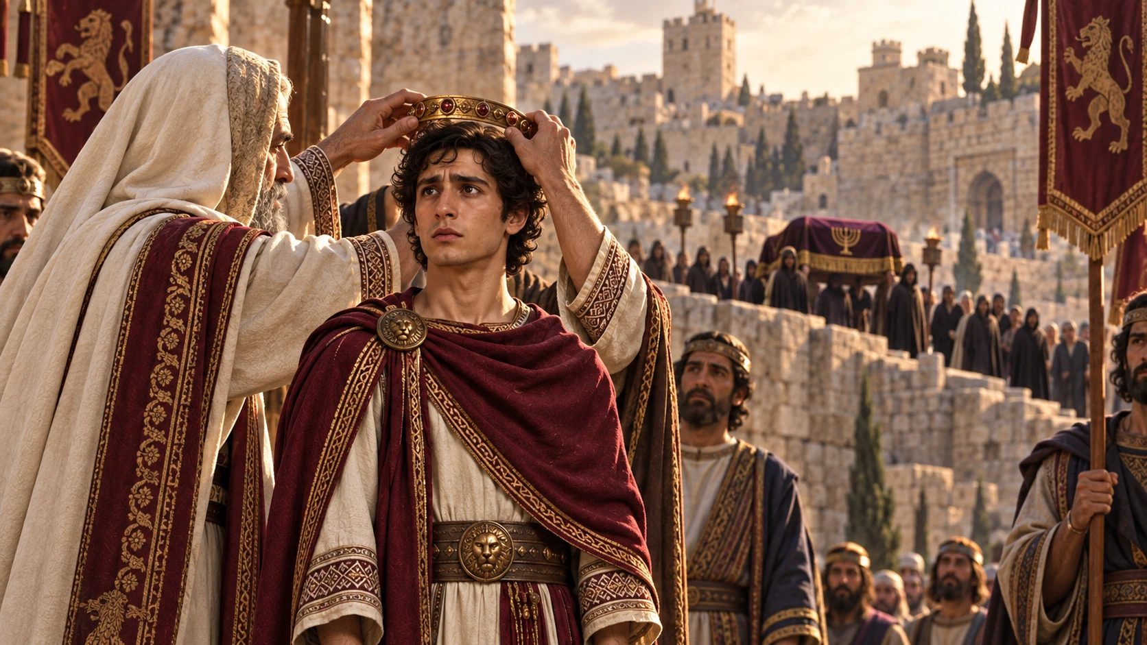 A respectful city-of-David funeral for Jotham and his distinct son Ahaz receiving the Judahite circlet in a solemn palace transition, no visible corpse.