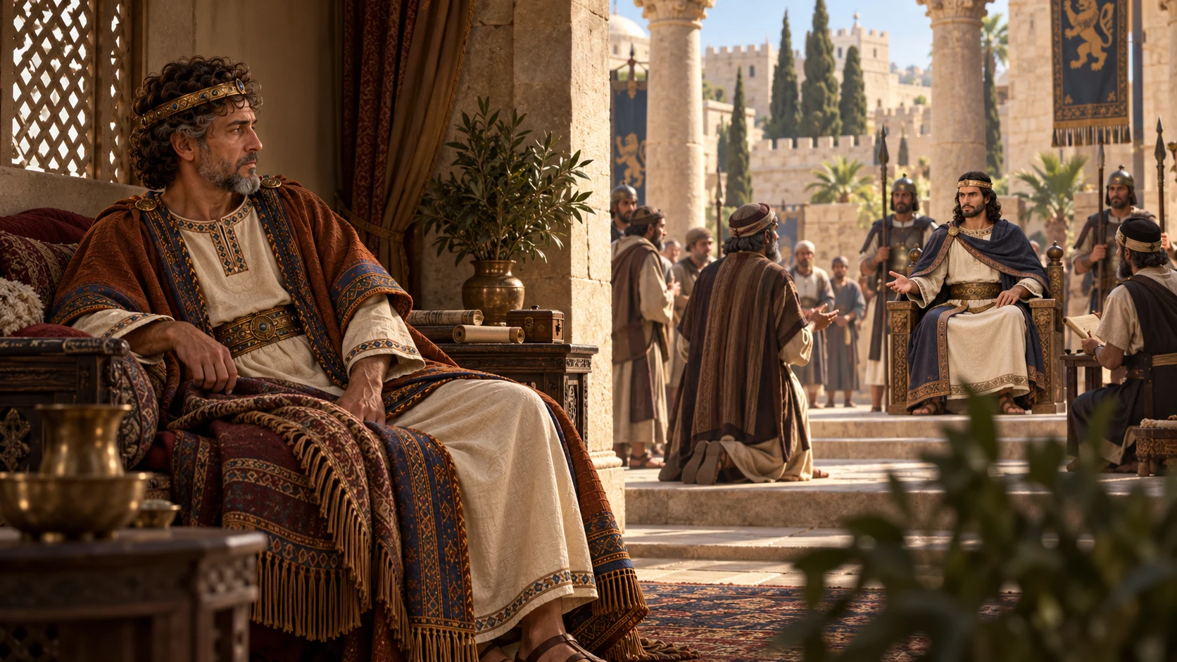 An older Azariah in a quiet separate residence, his condition shown with restraint, watches his adult son Jotham receive petitioners in the neighboring court.