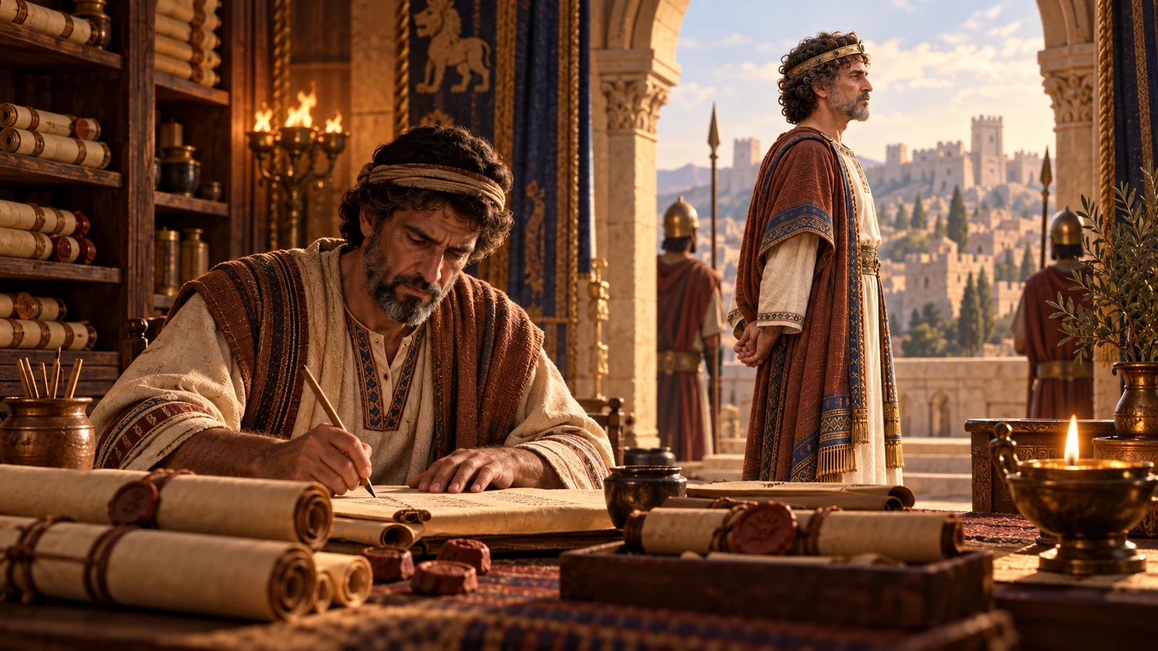 A Judahite scribe records the long reign of the older Azariah among archival scrolls; no legible generated writing.