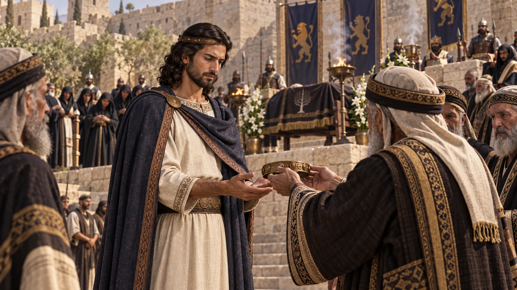 A respectful Jerusalem funeral procession and Jotham receiving Judah's circlet in a connected, quiet composition; no visible corpse.