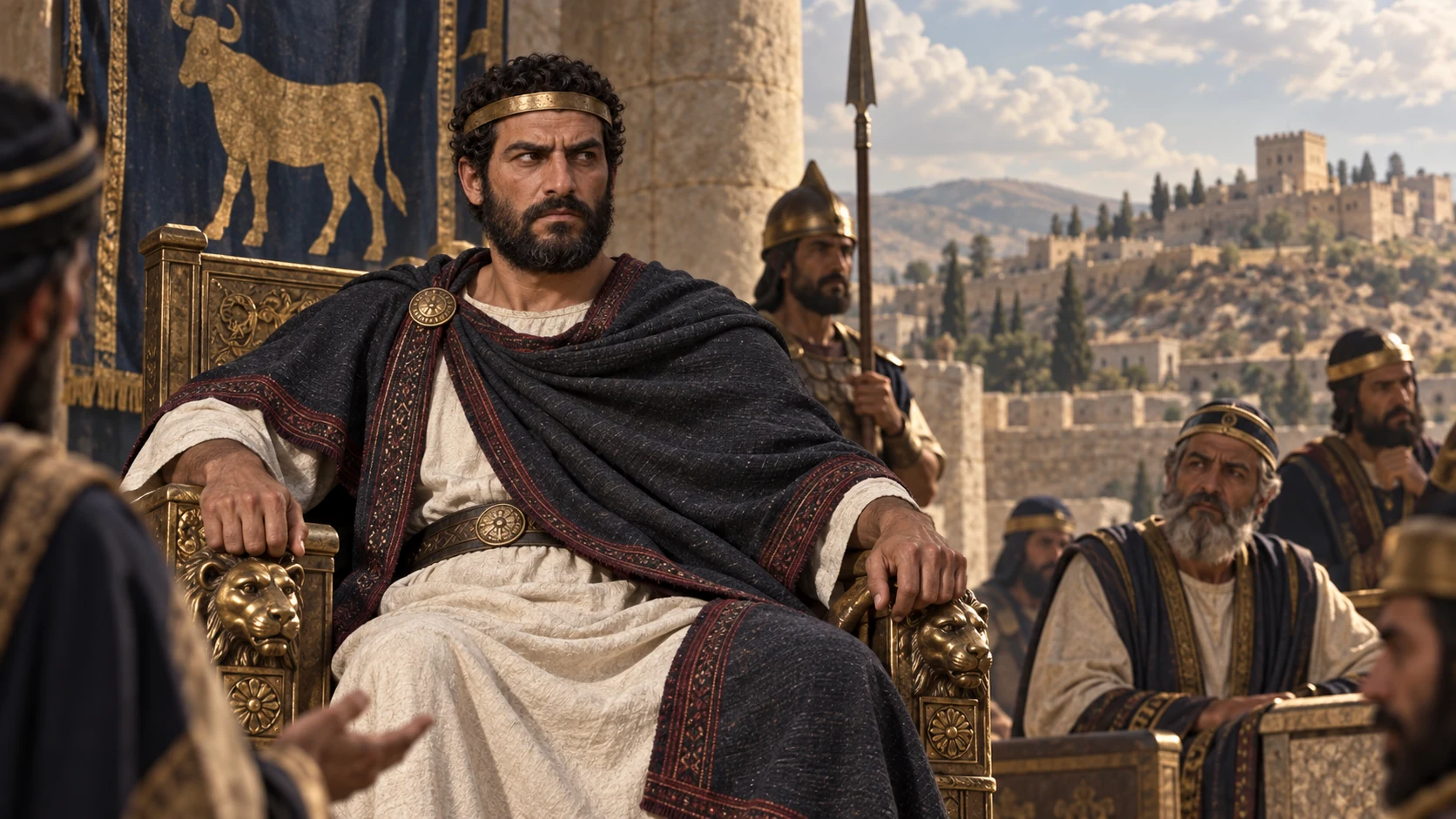 Zechariah of Israel, matching his charcoal-blue mantle and full beard from 2 Kings 14, sits in the Samaria court under a tense summer sky.
