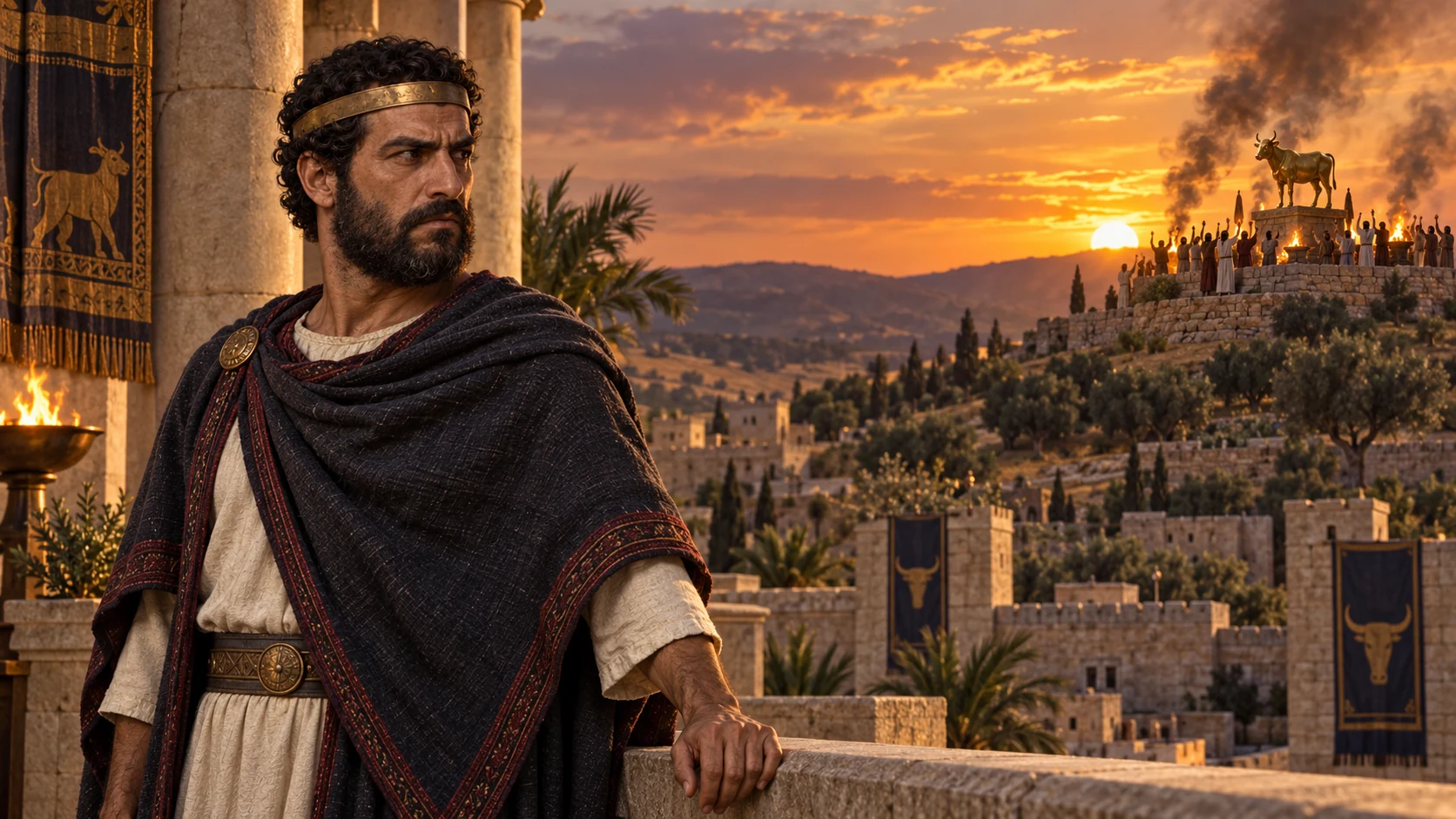 Zechariah looks toward a distant calf shrine from his palace terrace; worshipers remain at the hill site, no duplicate Jeroboam figure.
