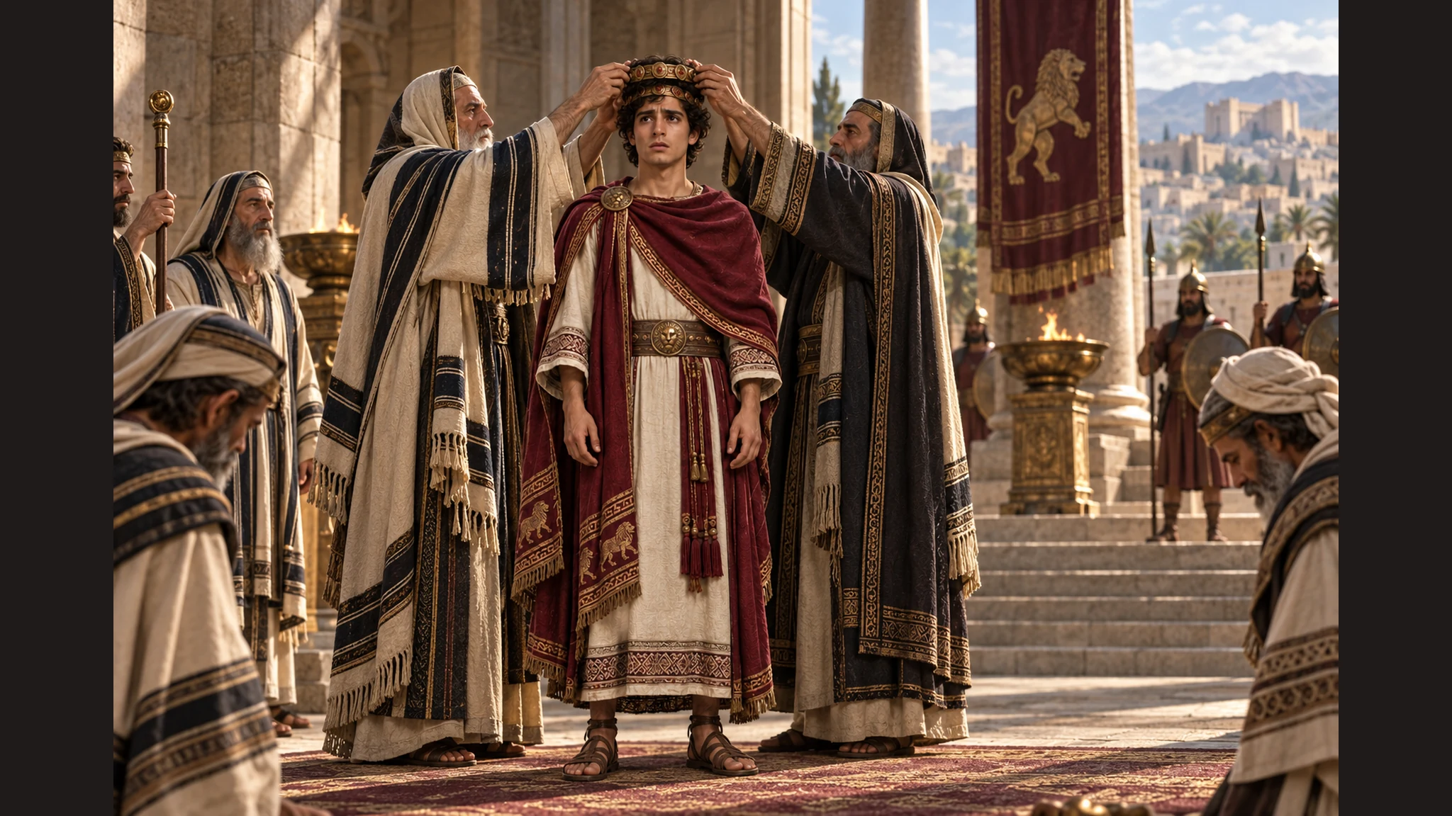 Young Ahaz receives Judah's circlet in Jerusalem; Pekah's northern court appears only as a distant separate vignette.