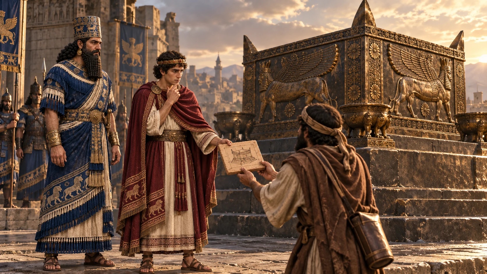 In conquered Damascus, Ahaz studies an imposing altar and hands measured drawings to a courier; the courier rides toward Jerusalem where Uriah waits.