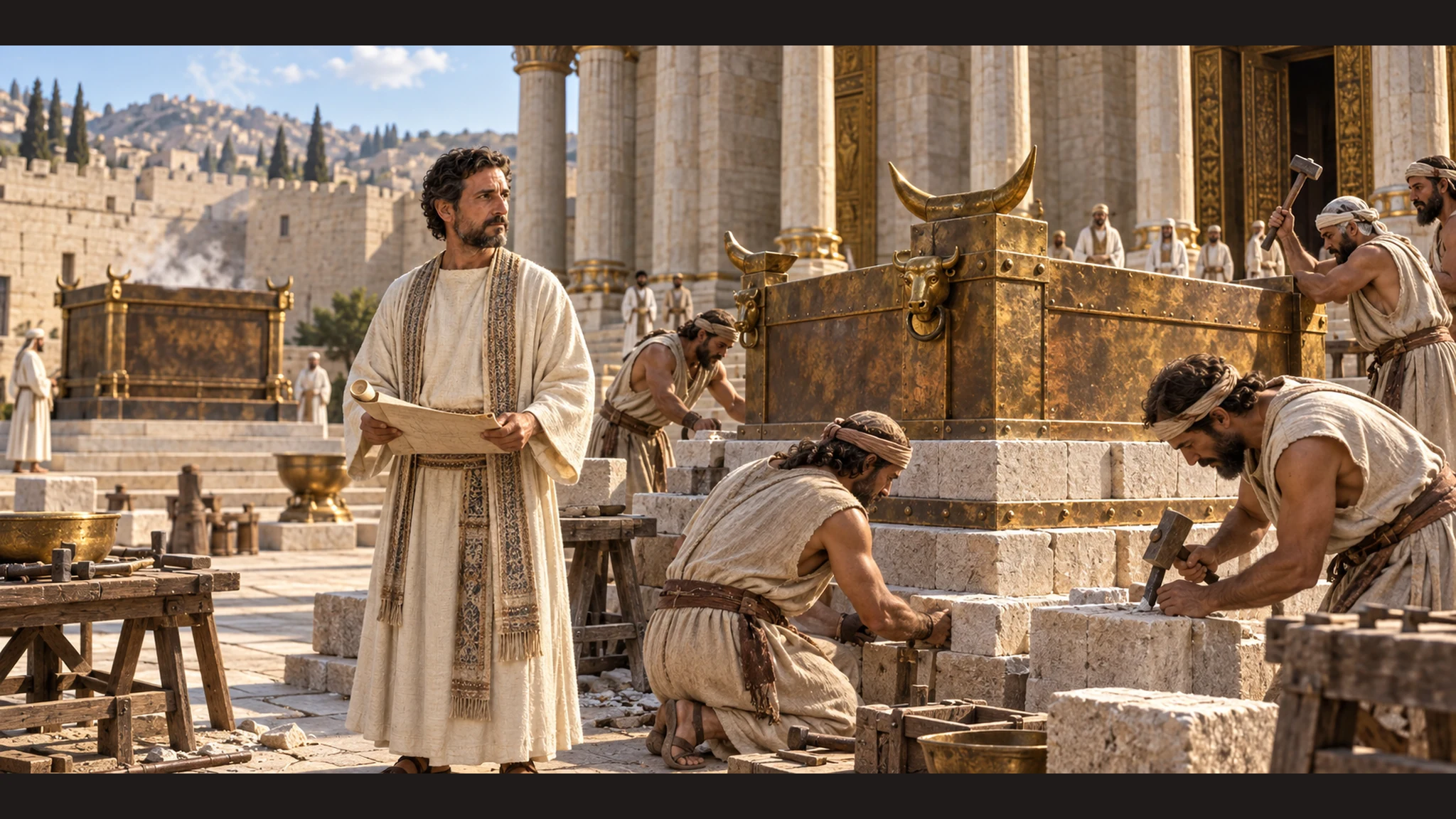 Uriah the priest oversees Judahite artisans building the Damascus-pattern altar in the temple court; the older bronze altar remains in its original place nearby.