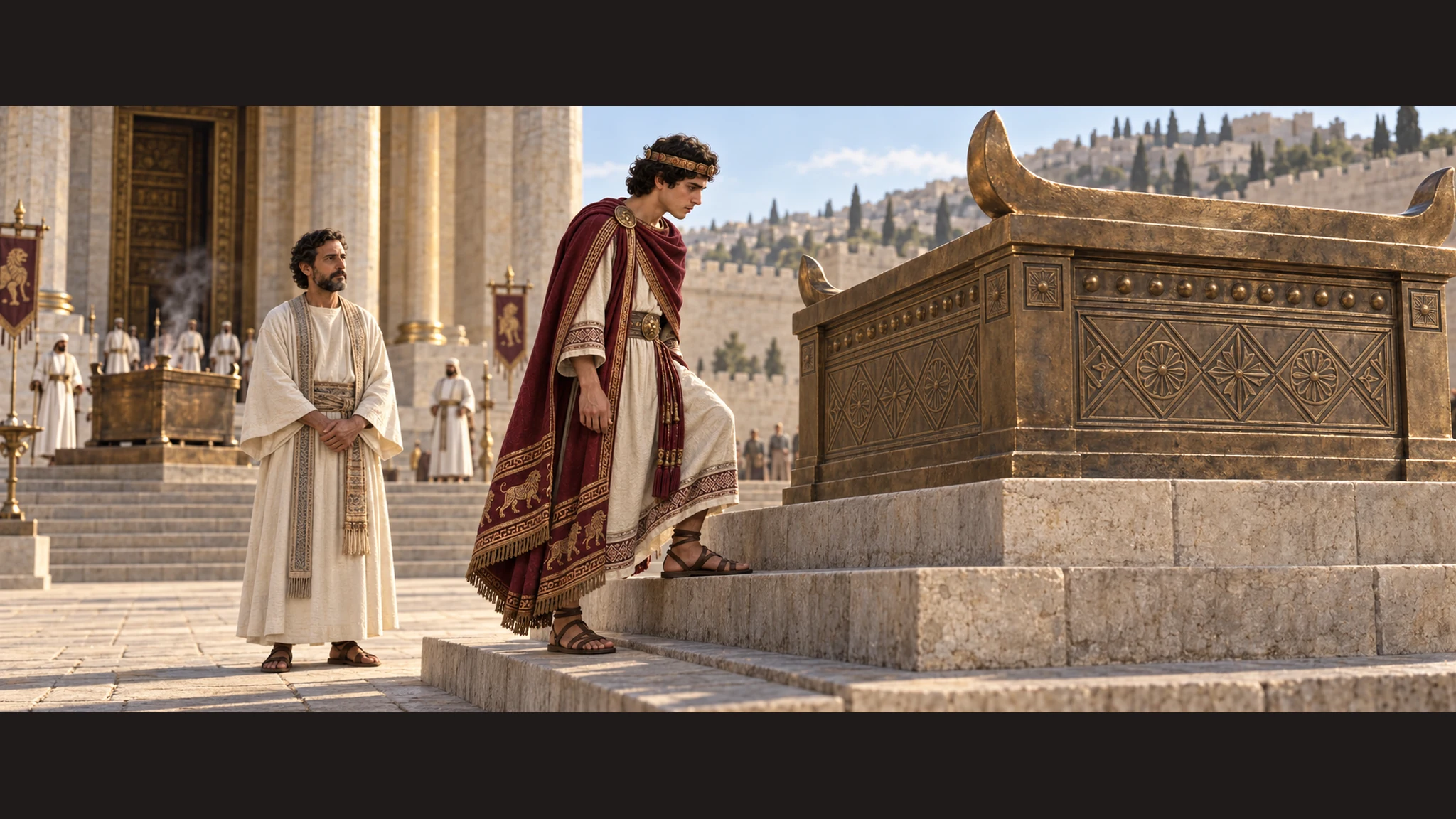 Ahaz arrives from Damascus and ascends the steps of the completed new altar as Uriah and attendants stand by.