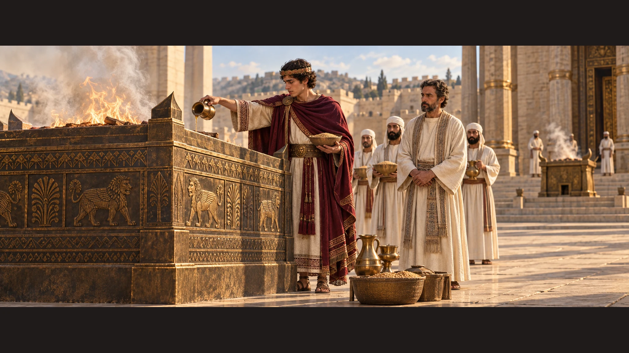 A restrained ceremonial scene at the Damascus-pattern altar shows Ahaz offering grain, a vessel for drink offering, and a burnt offering; avoid graphic blood detail.