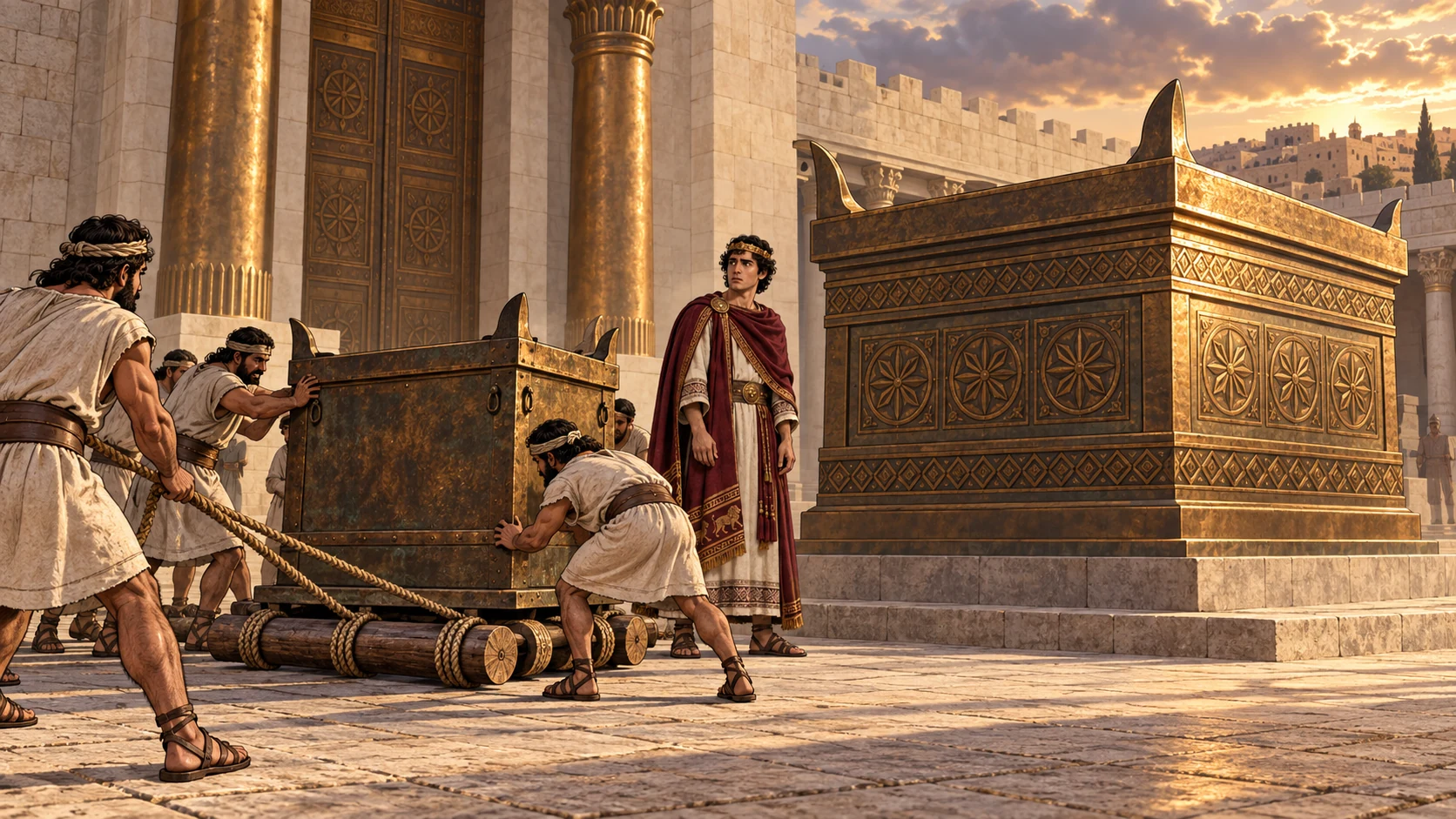 Temple workers carefully move the older bronze altar from its place before the house to the north side of the larger Damascus-pattern altar; preserve clear spatial geography.