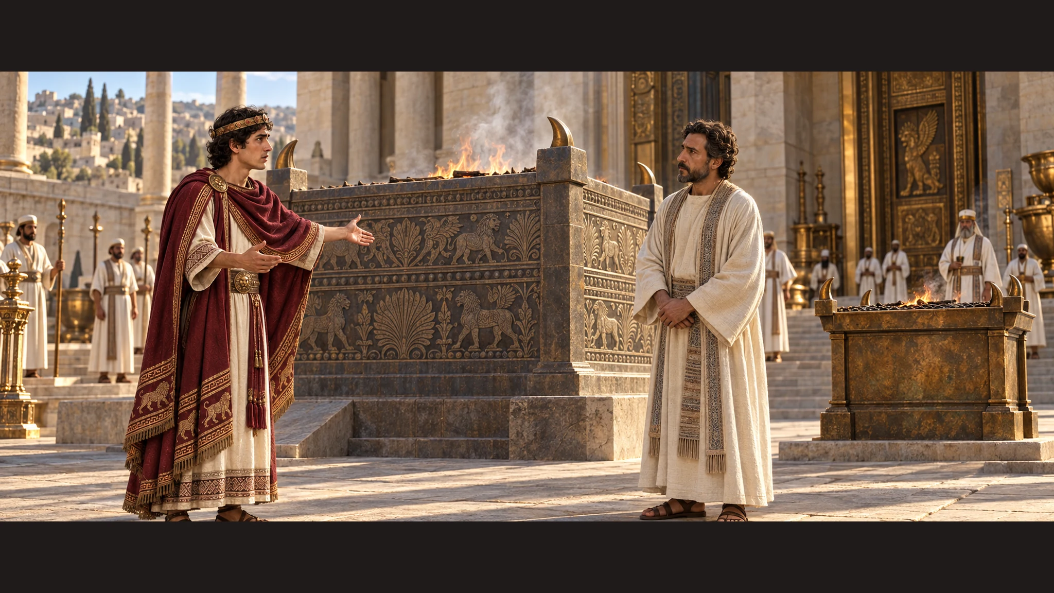 Ahaz gives instructions to Uriah between the two altars; morning and evening light divide the court, and the bronze altar remains north of the great altar.