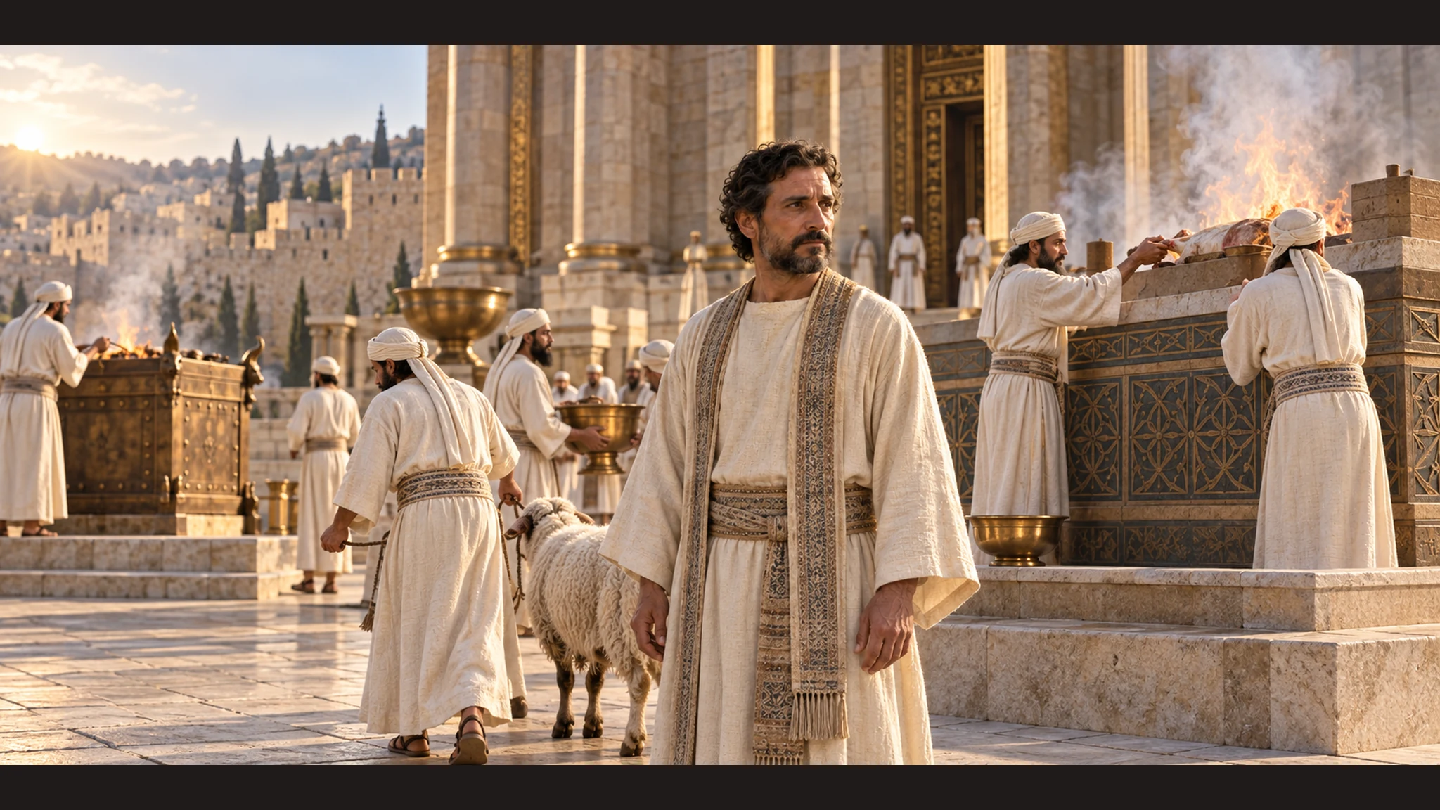 Uriah supervises the new routine at the great altar while the bronze altar sits to its north; his expression is reserved, with no invented dispute.