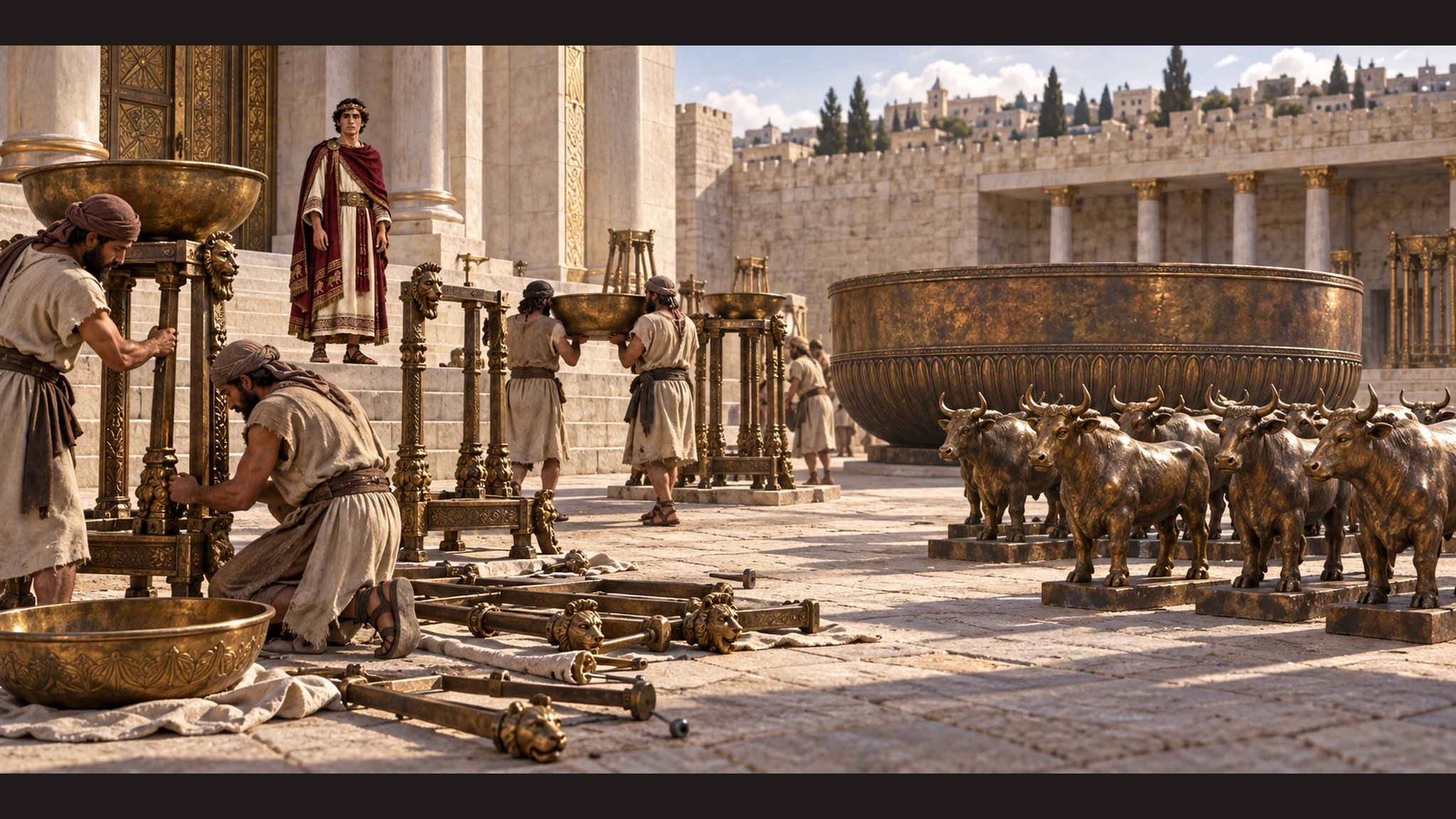 Craftsmen dismantle the frames of bronze stands and set the great bronze Sea onto a stone pavement, leaving the oxen supports visibly separate.