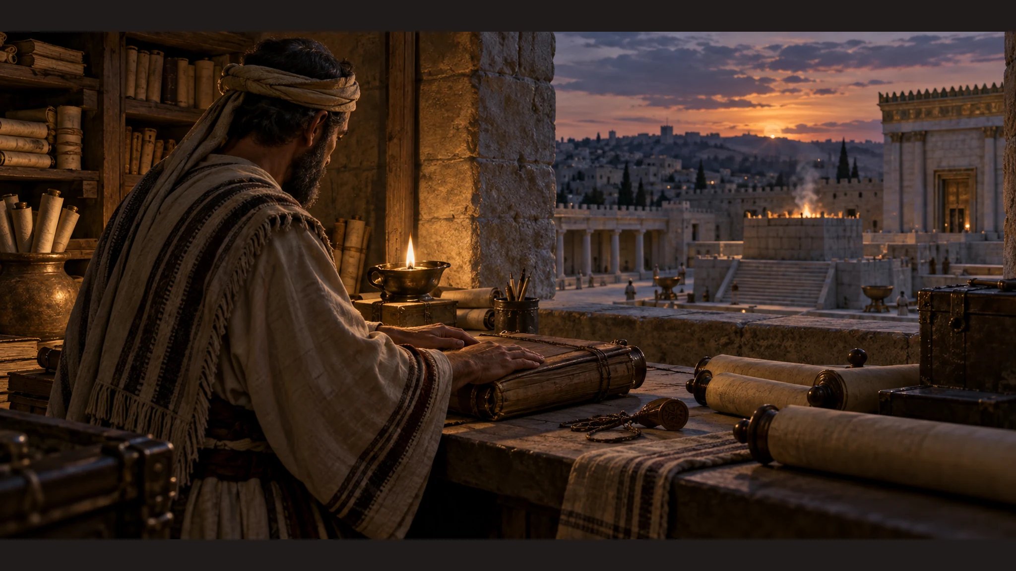 A Jerusalem scribe closes a royal chronicle in an archive with the altered temple court visible through a high window; no legible generated writing.