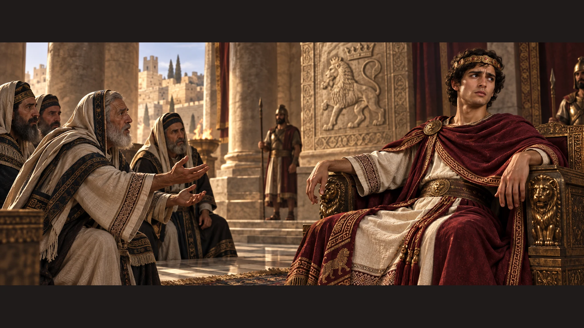 Twenty-year-old Ahaz sits apart from Judah's elders in a dim palace court; a modest Davidic family relief remains behind him.