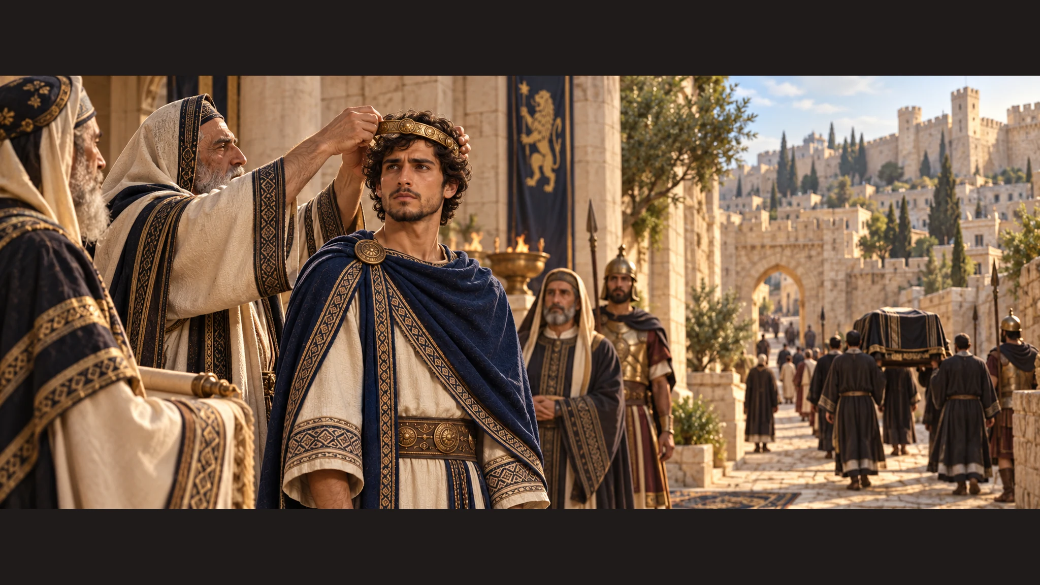 A restrained burial procession recedes in the city of David while young Hezekiah receives Judah's circlet from elders in a linked palace composition; no corpse shown.