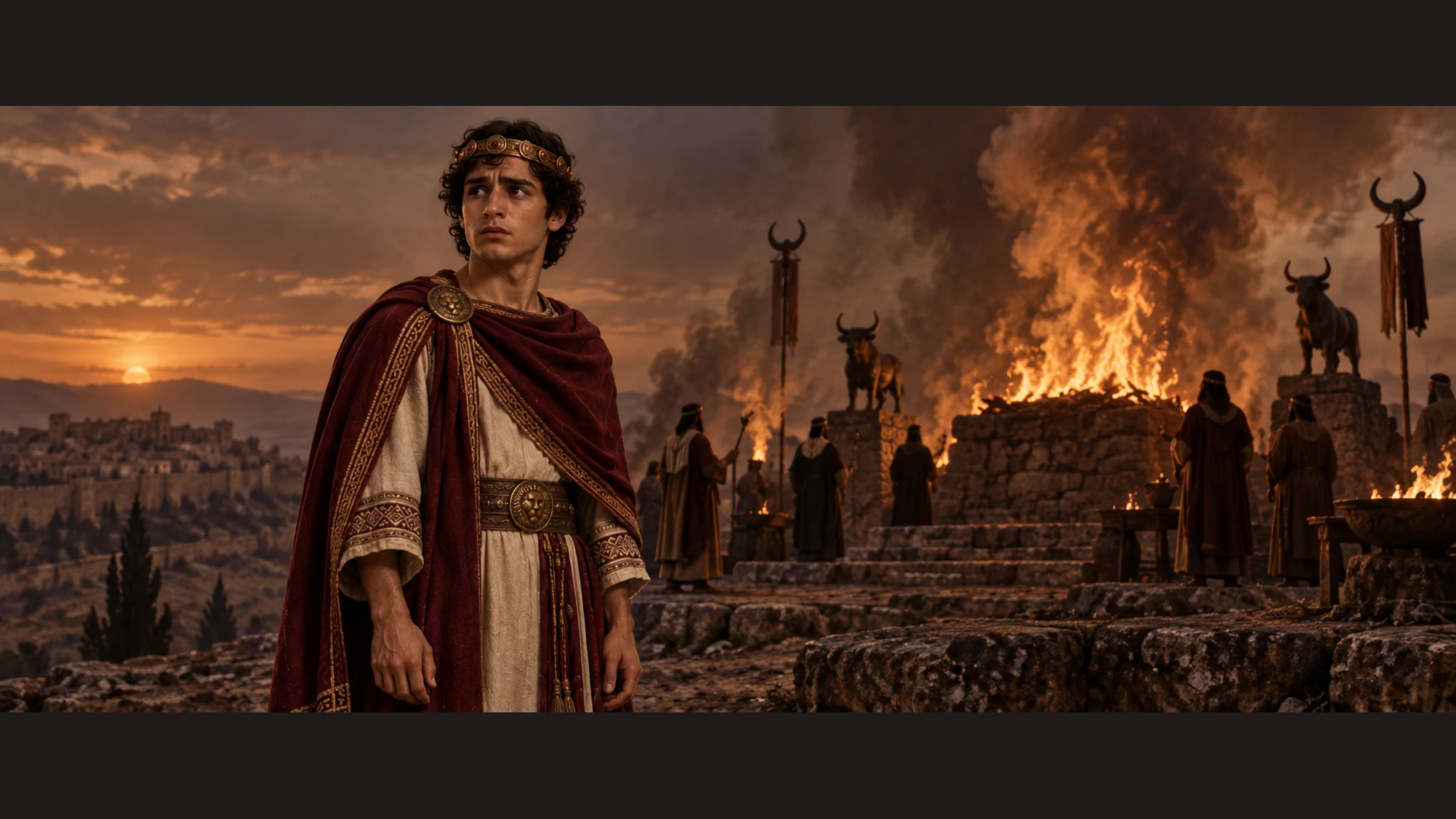 Ahaz stands at a distant hillside ritual fire amid smoke and attendants; suggest the grave act through his responsibility, without depicting a child in danger or graphic injury.