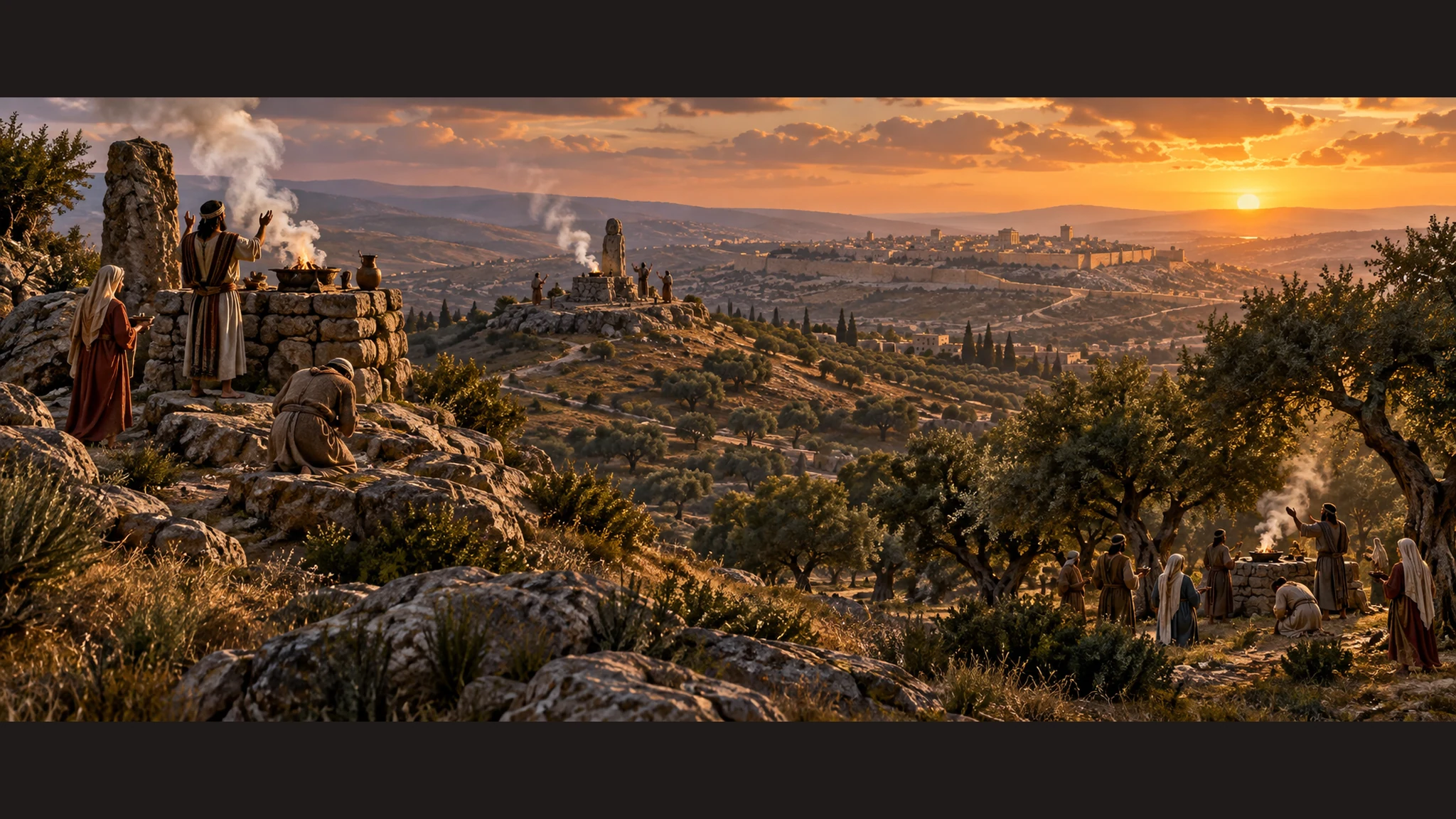 A wide Judah landscape contains separate hill and green-tree shrines where worshipers burn incense, with Jerusalem small on the horizon.