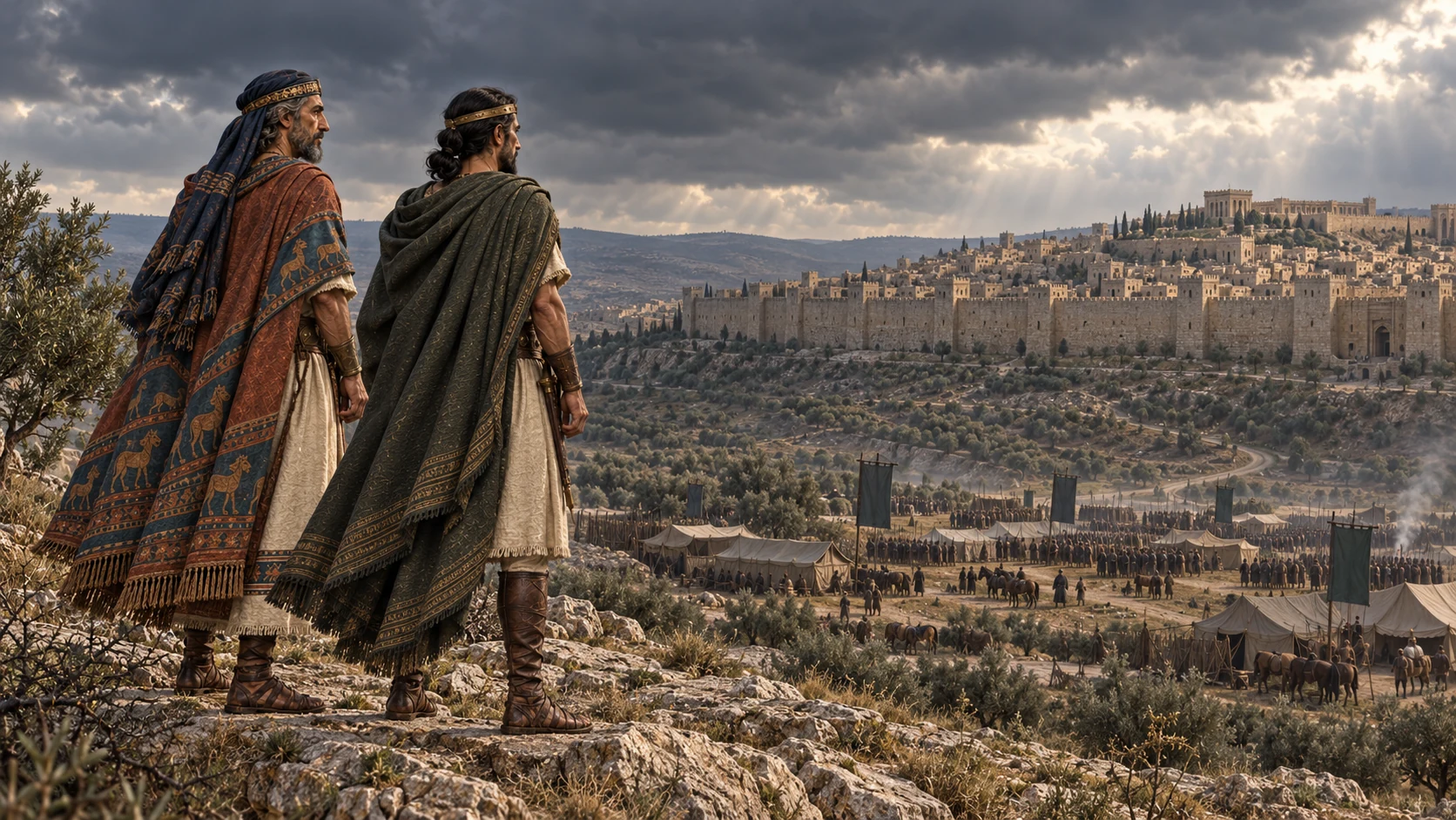 Rezin and Pekah survey their separate camps from a ridge outside Jerusalem's intact defended walls; no breached gate.