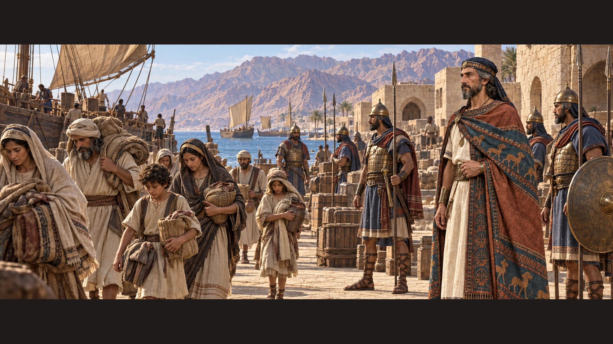 At the Red Sea port of Elath, Judean families depart under guard as Rezin's Aramean standard rises over the quay; avoid invented map labels.