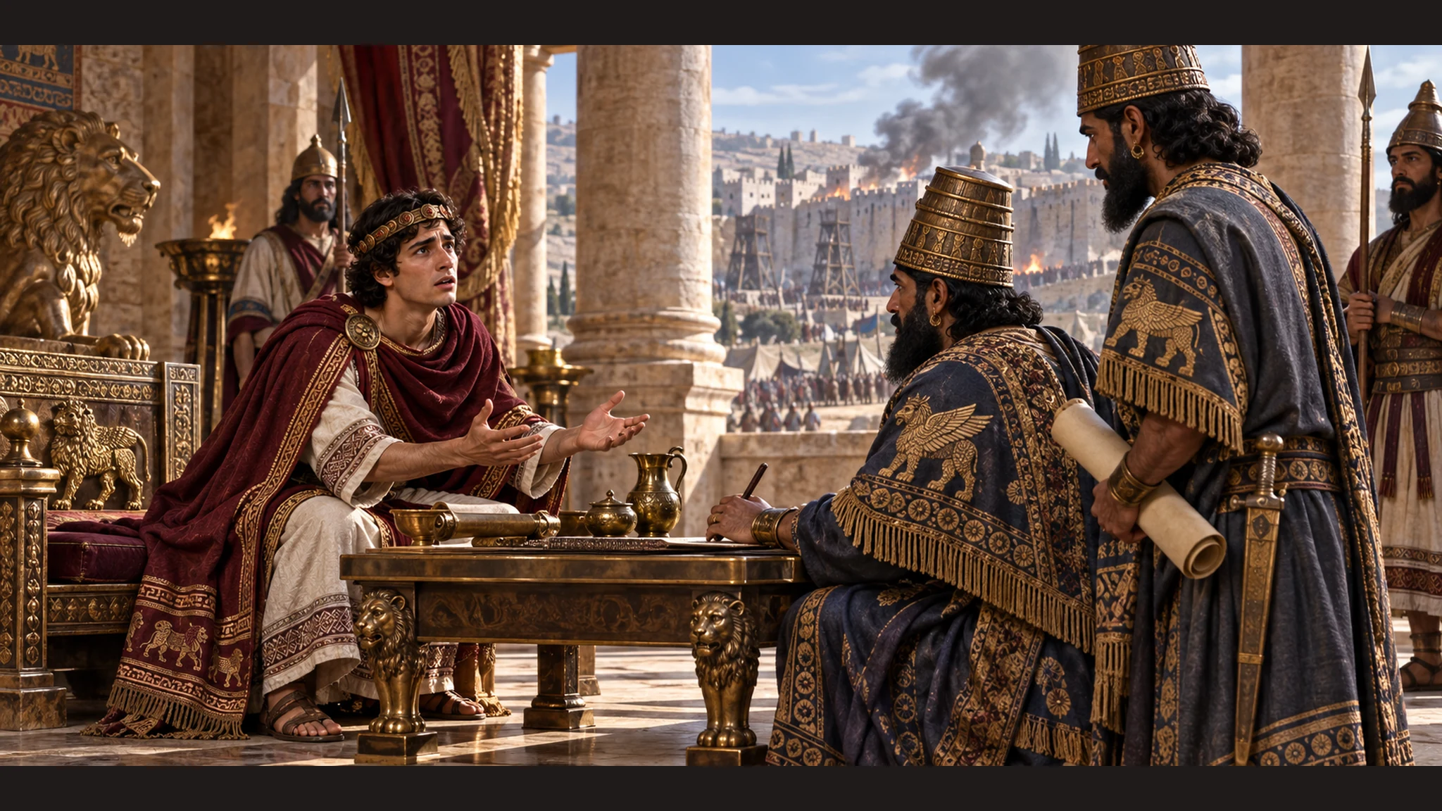 Ahaz urgently dictates his plea to Assyrian envoys in Jerusalem, with the siege visible beyond the colonnade; Tiglath-pileser remains off-scene.