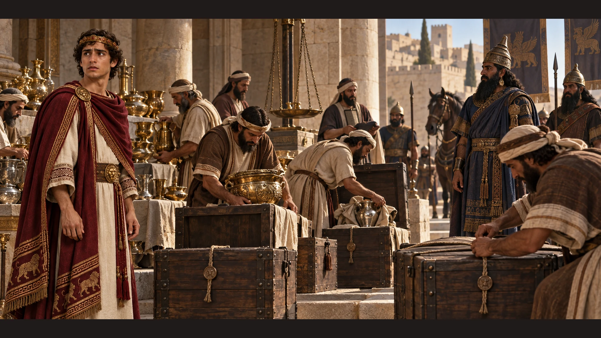 Judahite officials empty temple and palace treasuries into sealed chests for Assyrian envoys; keep sacred furnishings recognizable and the exchange sober.