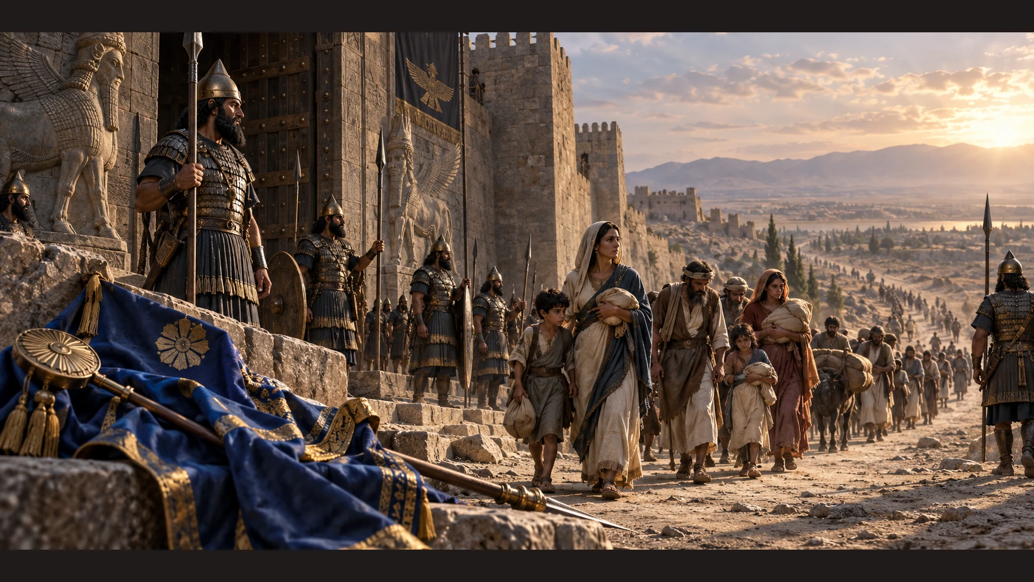 Assyrian soldiers control the Damascus gate while Aramean families depart under escort; Rezin's abandoned royal standard implies his death without graphic display.