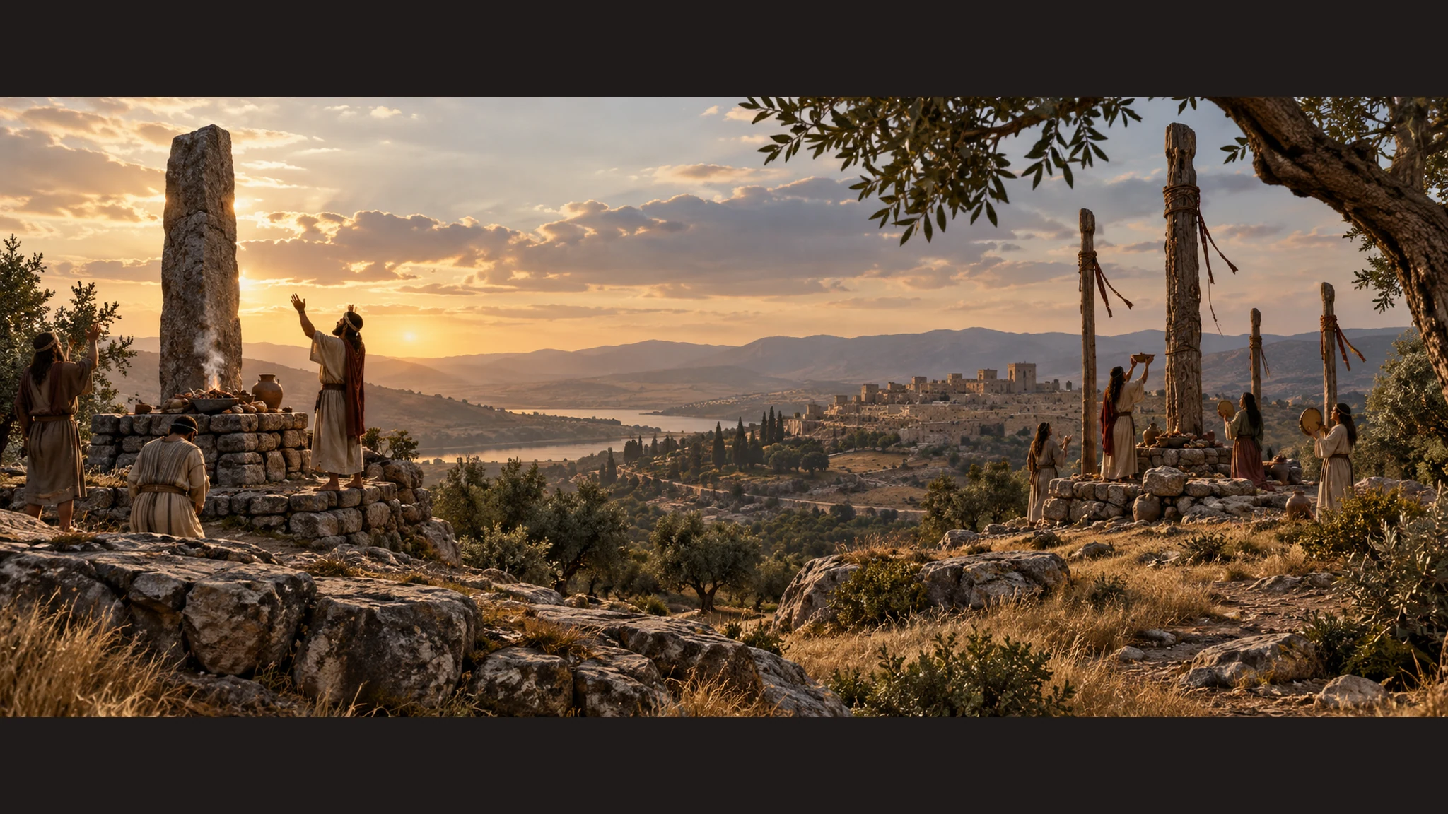 A high ridge and green grove contain stone pillars and carved wooden poles, with no worshiper harmed.