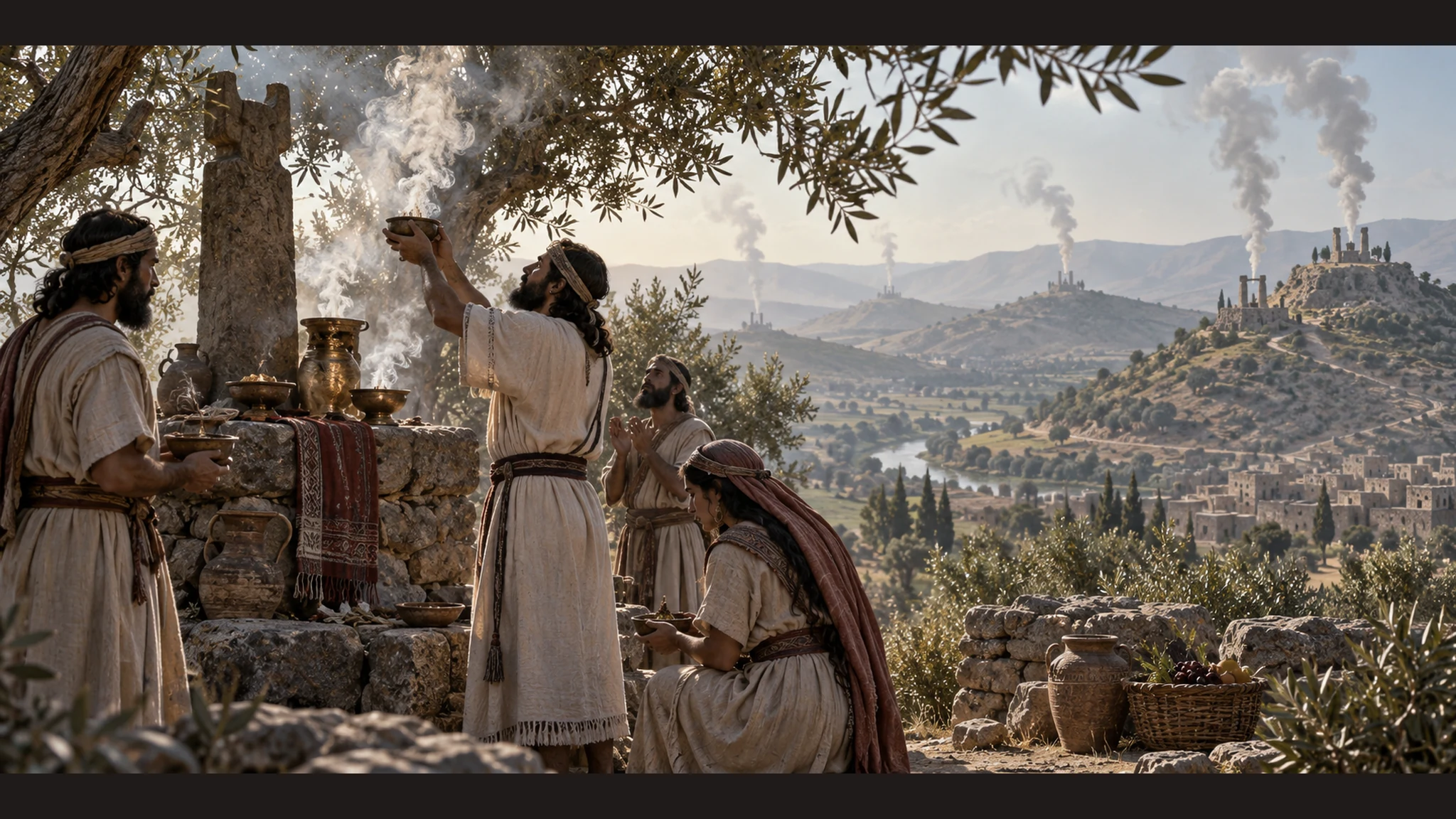 Smoke from several ridge shrines rises over northern villages as worshipers gather under trees.