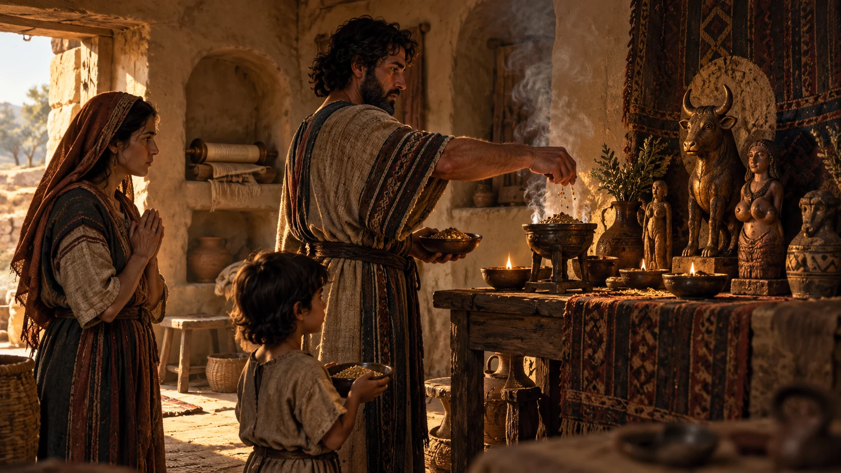 A family presents offerings before small carved household idols while an unused covenant scroll rests in a nearby alcove; no readable text.