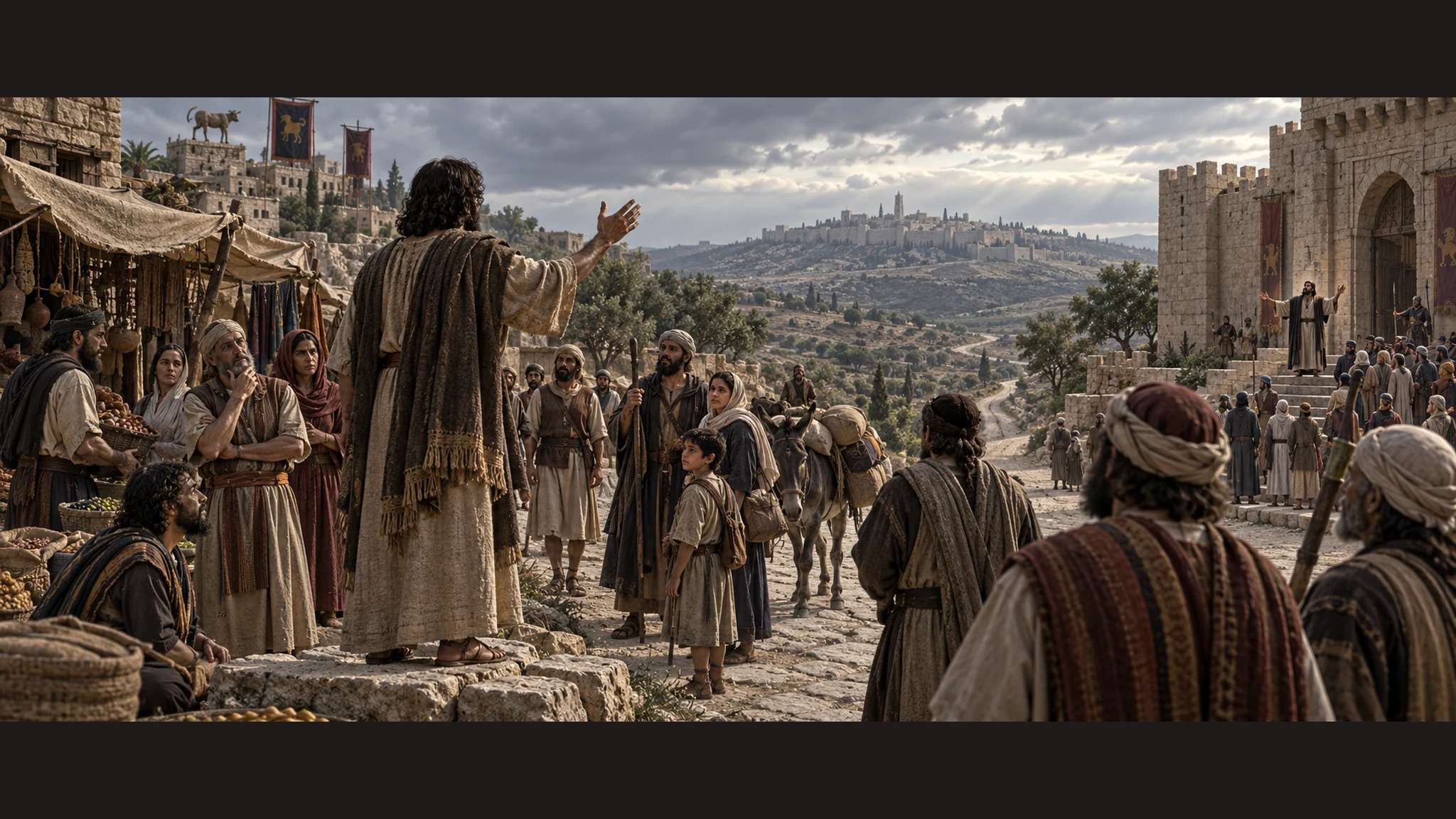 Unnamed prophets address separate northern and southern crowds in a balanced composition; the warning is carried by the exact verse card, not generated writing.
