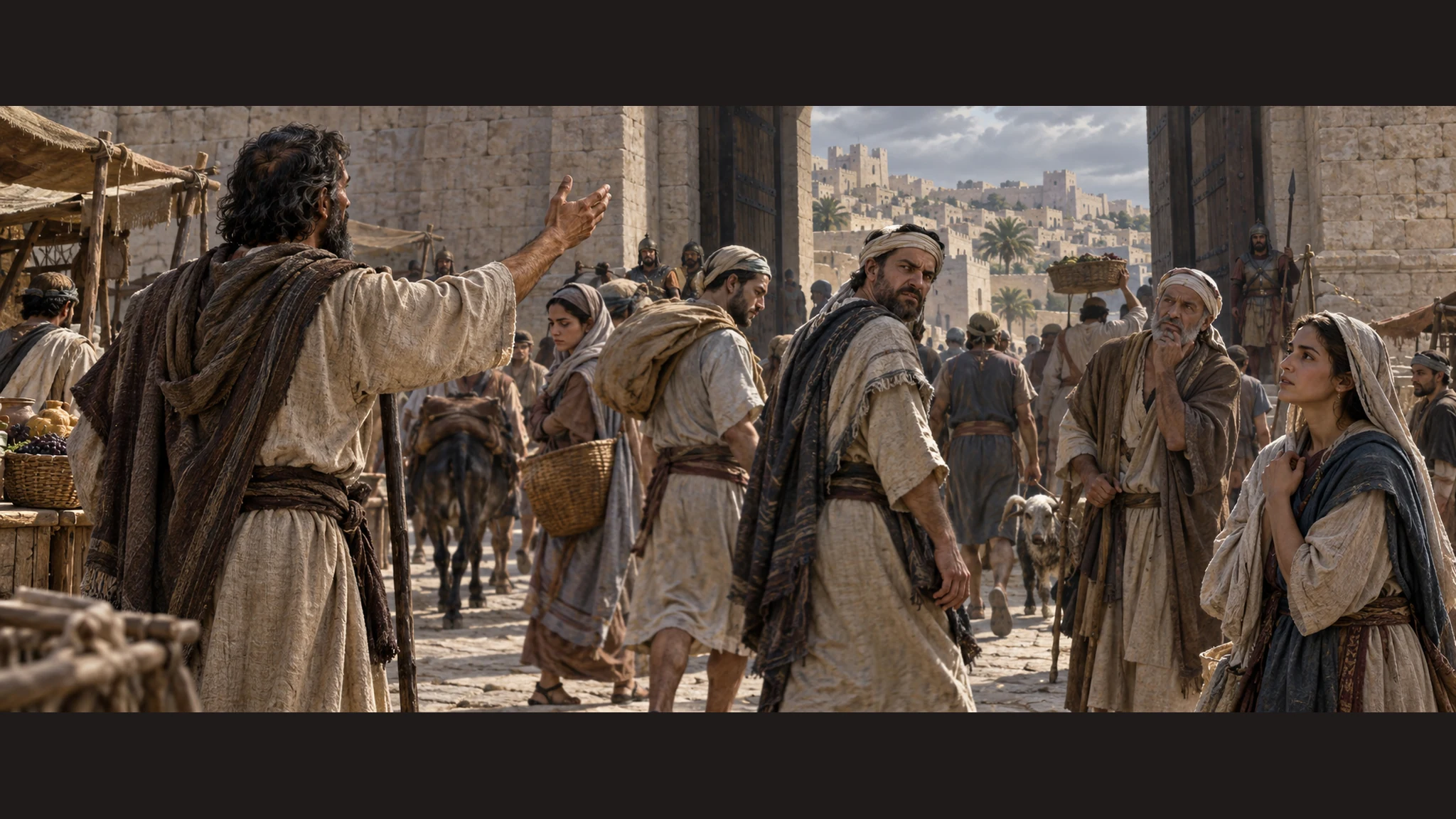 A northern crowd turns away from a prophet at the city gate, with restrained, varied individual reactions.