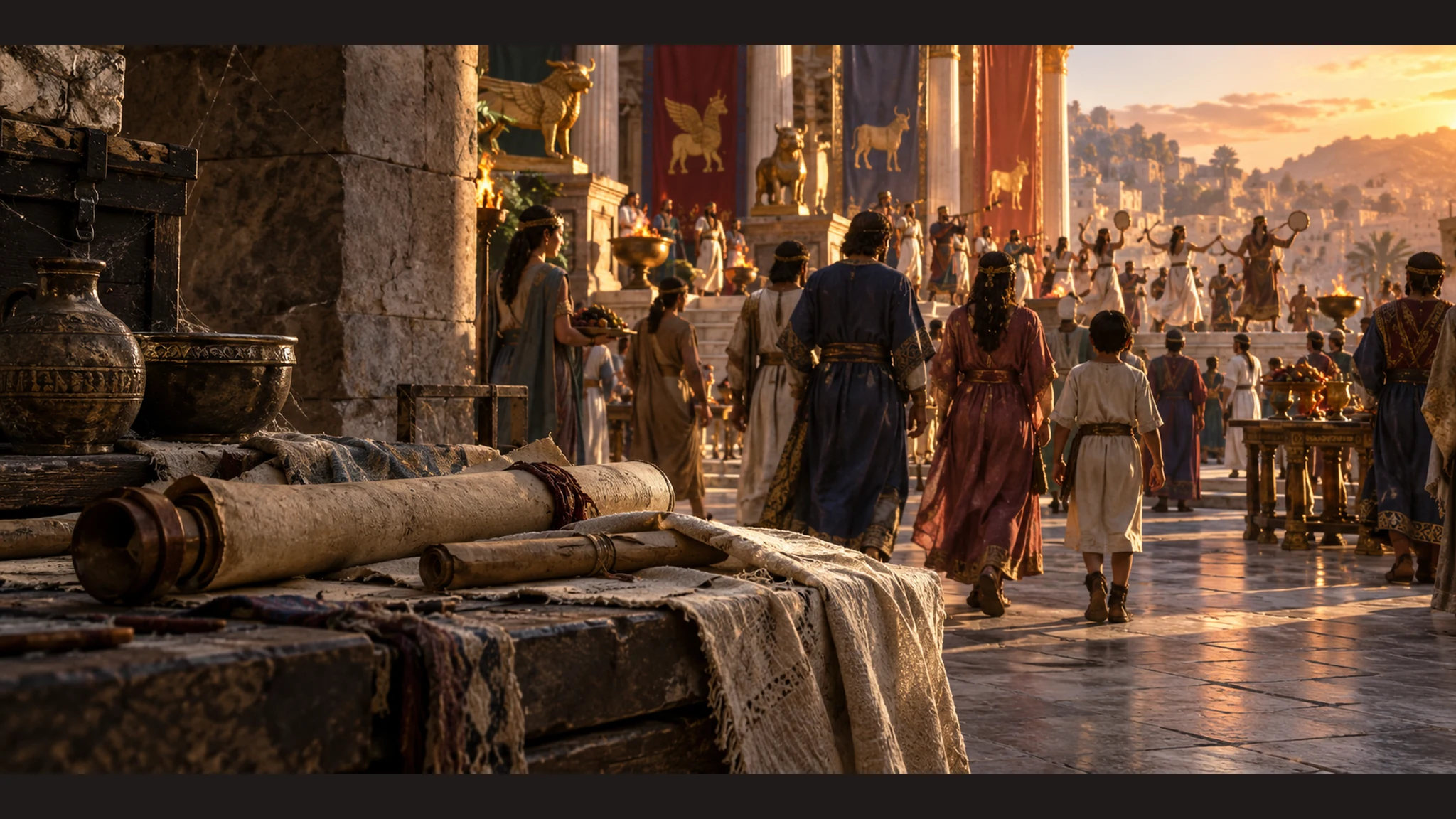 Discarded covenant scrolls in an archive foreground a procession toward foreign-inspired court display; no allegorical divine figure.