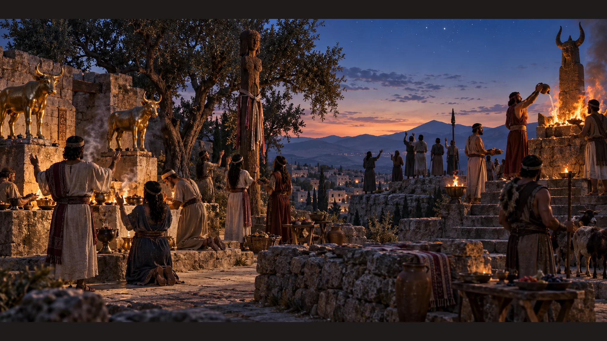 A broad northern cult complex shows two calf images, an Asherah pole, and star-gazing worshipers as distinct practices, not a single invented ceremony.