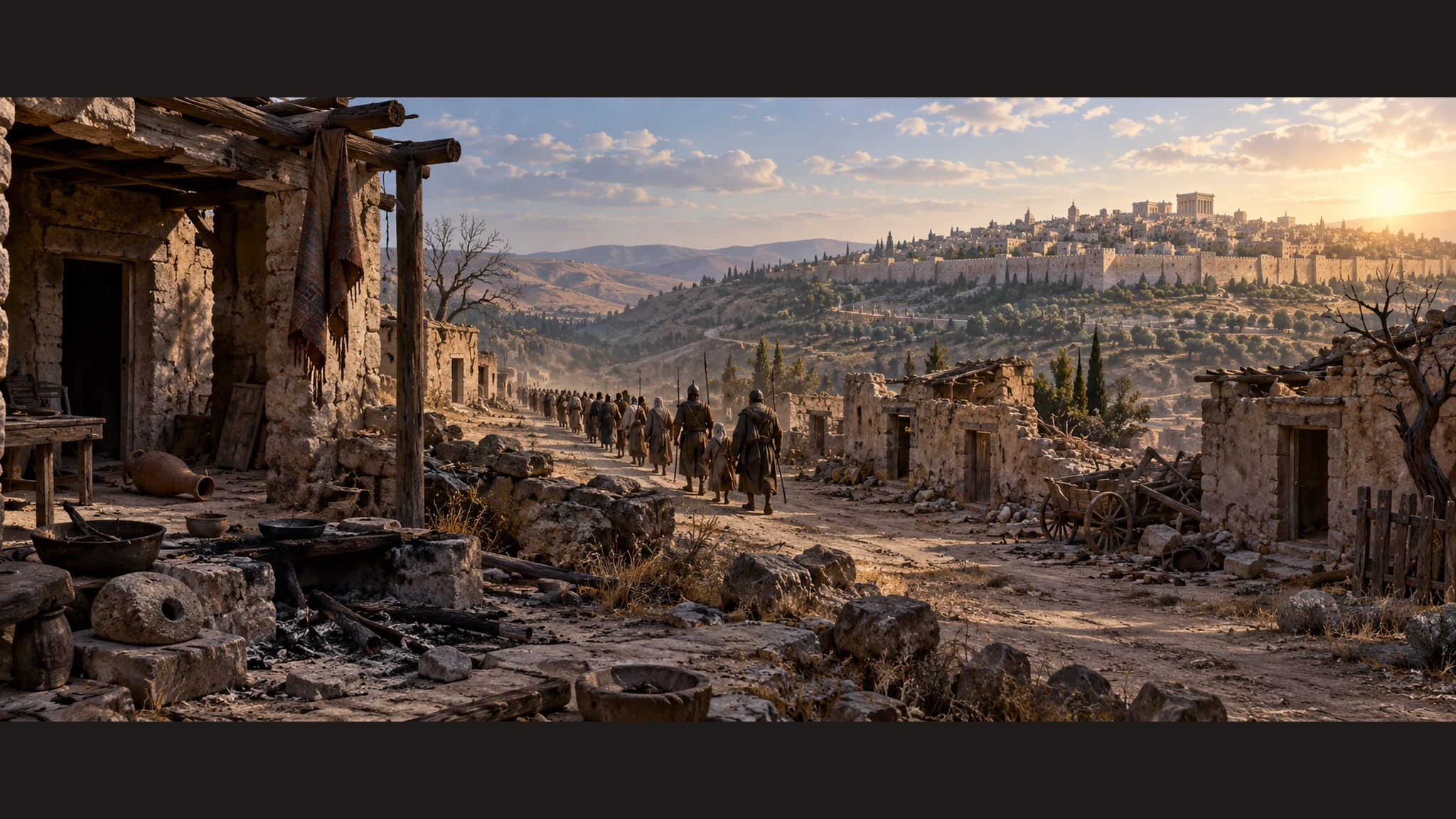 An emptied northern town and departing families contrast with Jerusalem still inhabited in a far southern vista; no human-form deity.